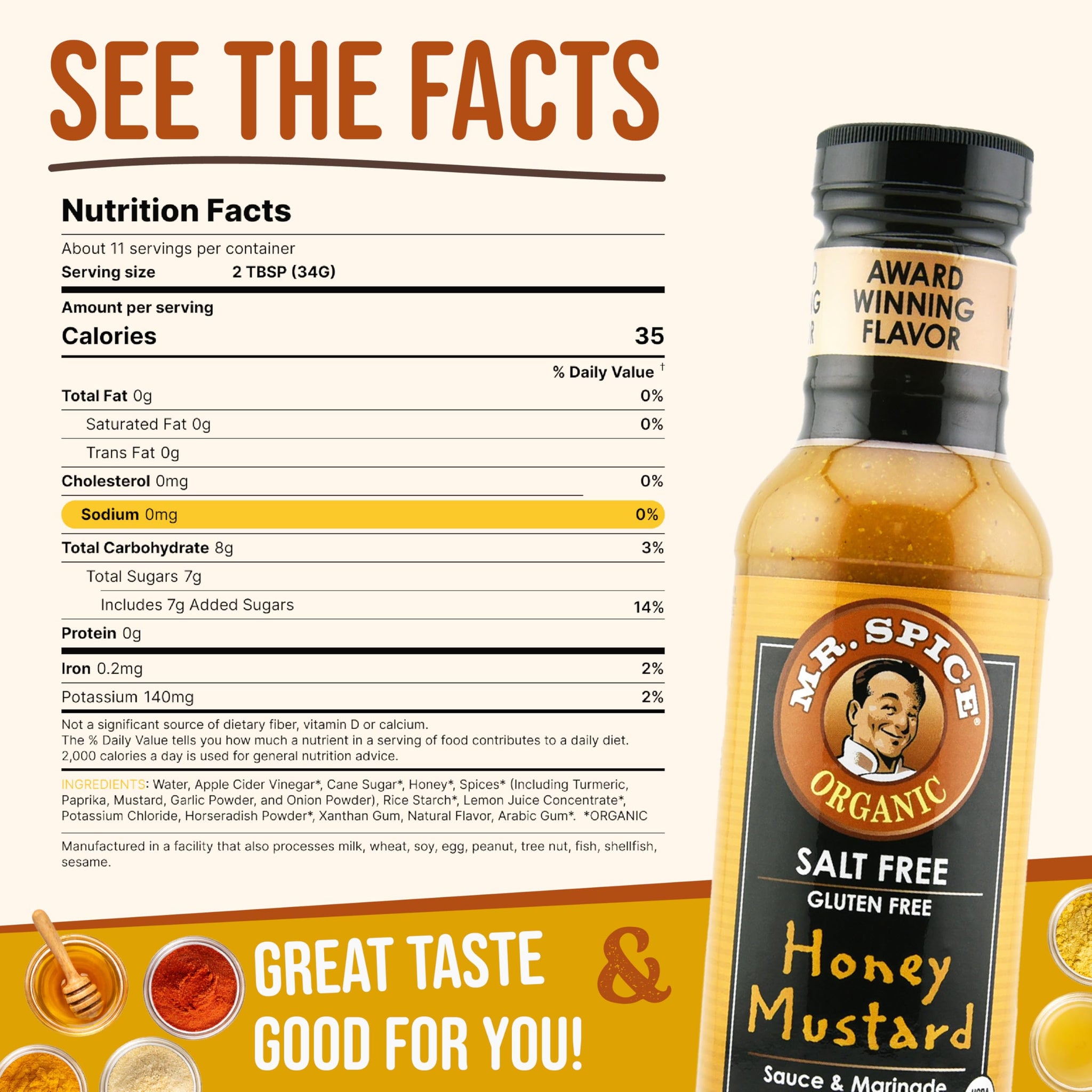 Mr. Spice Organic Honey Mustard Sauce, Salt Free Honey Mustard Dipping Sauce (0 mg/serv), Gluten Free, Low Sodium Sauces for Marinade and Dressing, No