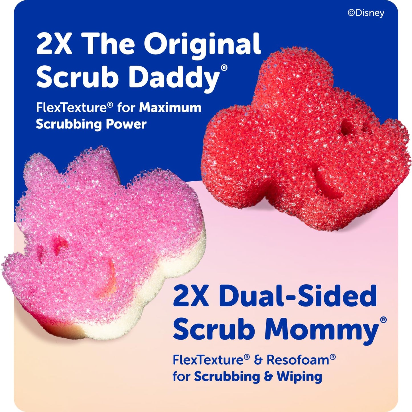 Scrub Daddy Mickey & Minnie Mouse Dish Sponges - Includes 2 Scrub Daddy Kitchen Sponges & 2 Scrub Mommy Dish Scrubbers - Dual-Sided, Odor-Resistant