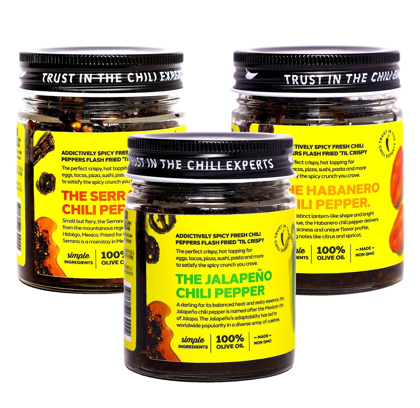 Don Chilio Mexican Chile Crisp Variety Bundle, 5 oz., 3 Pack - Crunchy Sliced Habanero, Jalapenos & Serrano Fried Chili Peppers in Hot Seasoned 100%