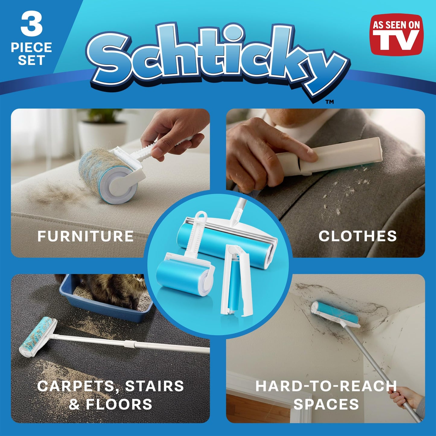 Schticky Lint Roller Set - Reusable & Washable Lint Roller Cleaner for Clothes Sofa Furniture Car Cat Dog Hair - Clean in a Quicky with Schticky (3