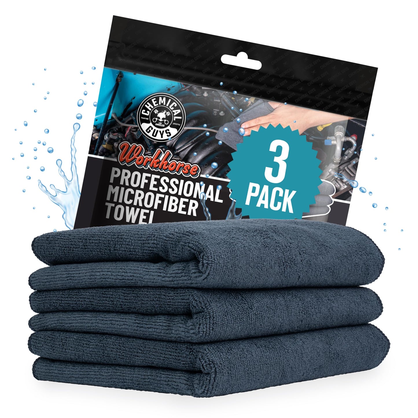 Chemical Guys Workhorse Professional Grade Microfiber Towels for Cars - Black 16x16 Inch Microfiber Cleaning Cloths for Home & Pet Drying, Soft
