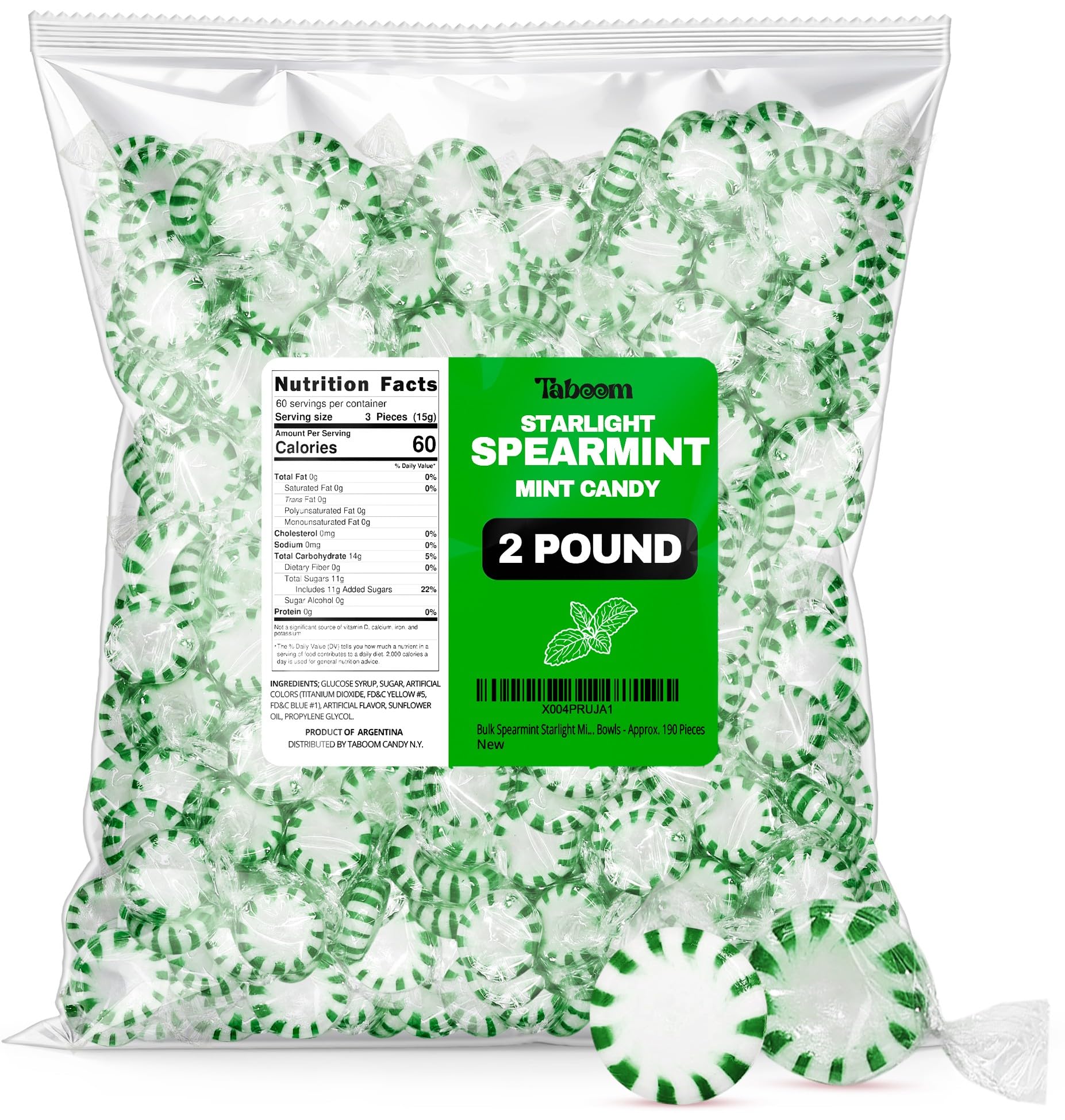 Bulk Spearmint Starlight Mint Candy 2 Pound - Approx. 190 Individually Wrapped Hard Mint Candies for Office, Parties, and Candy Bowls - Taboom