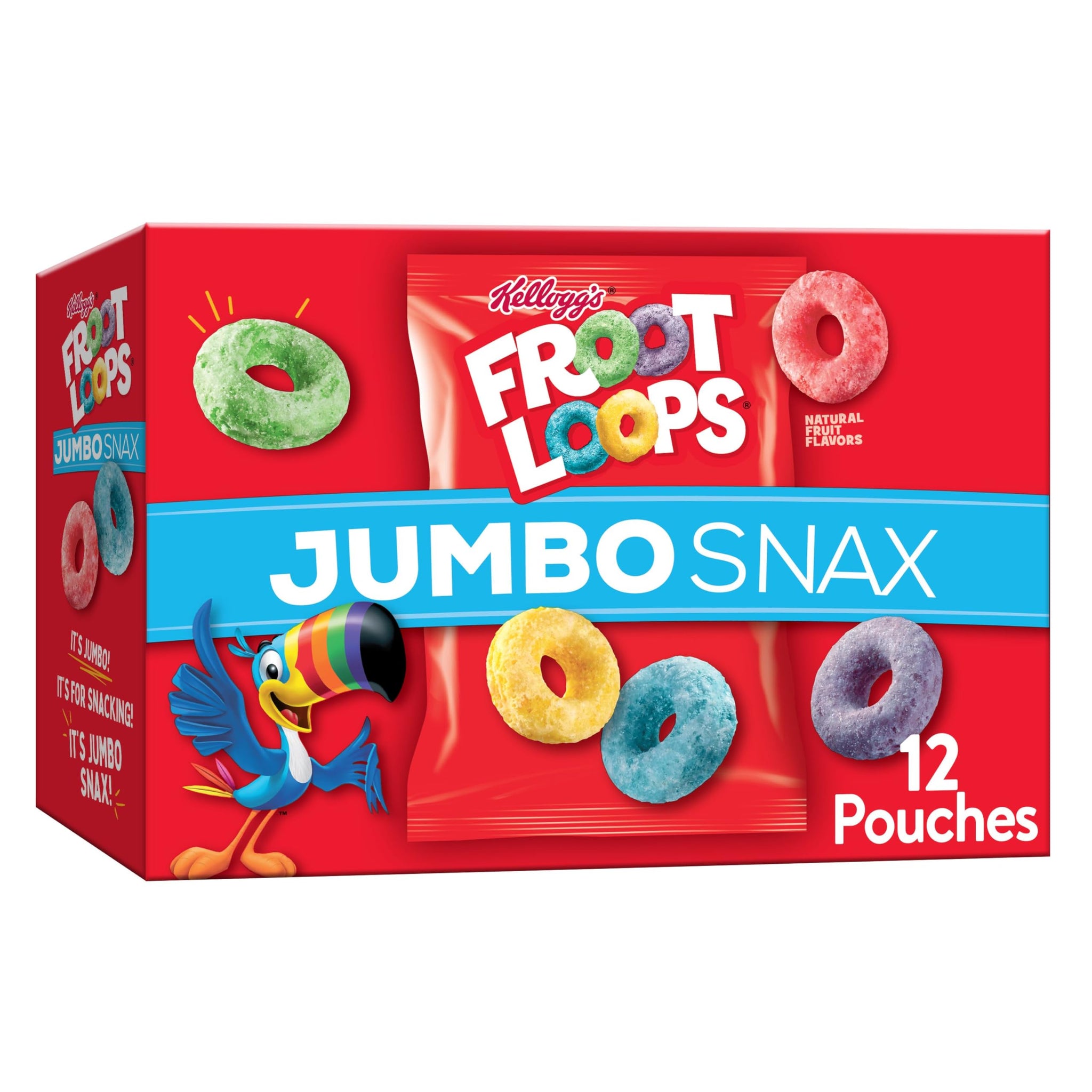 Kellogg's Froot Loops Jumbo Snax Cereal Snacks, Kids Snacks, Fruit Flavored, Original, 5.4oz Box (12 Pouches)