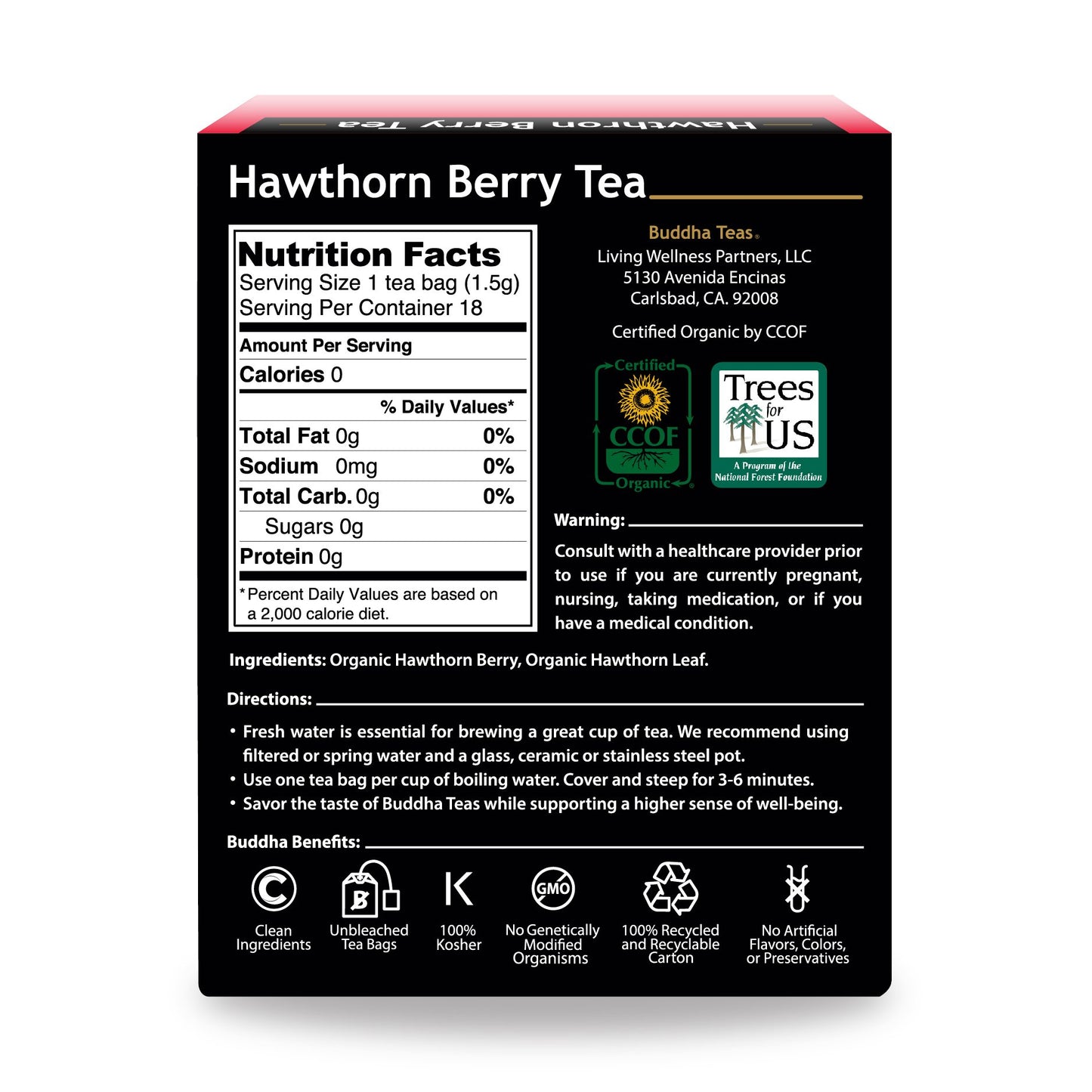 Buddha Teas Organic Hawthorn Berry Tea - OU Kosher, USDA Organic, CCOF, 18 Bleach-Free Tea Bags