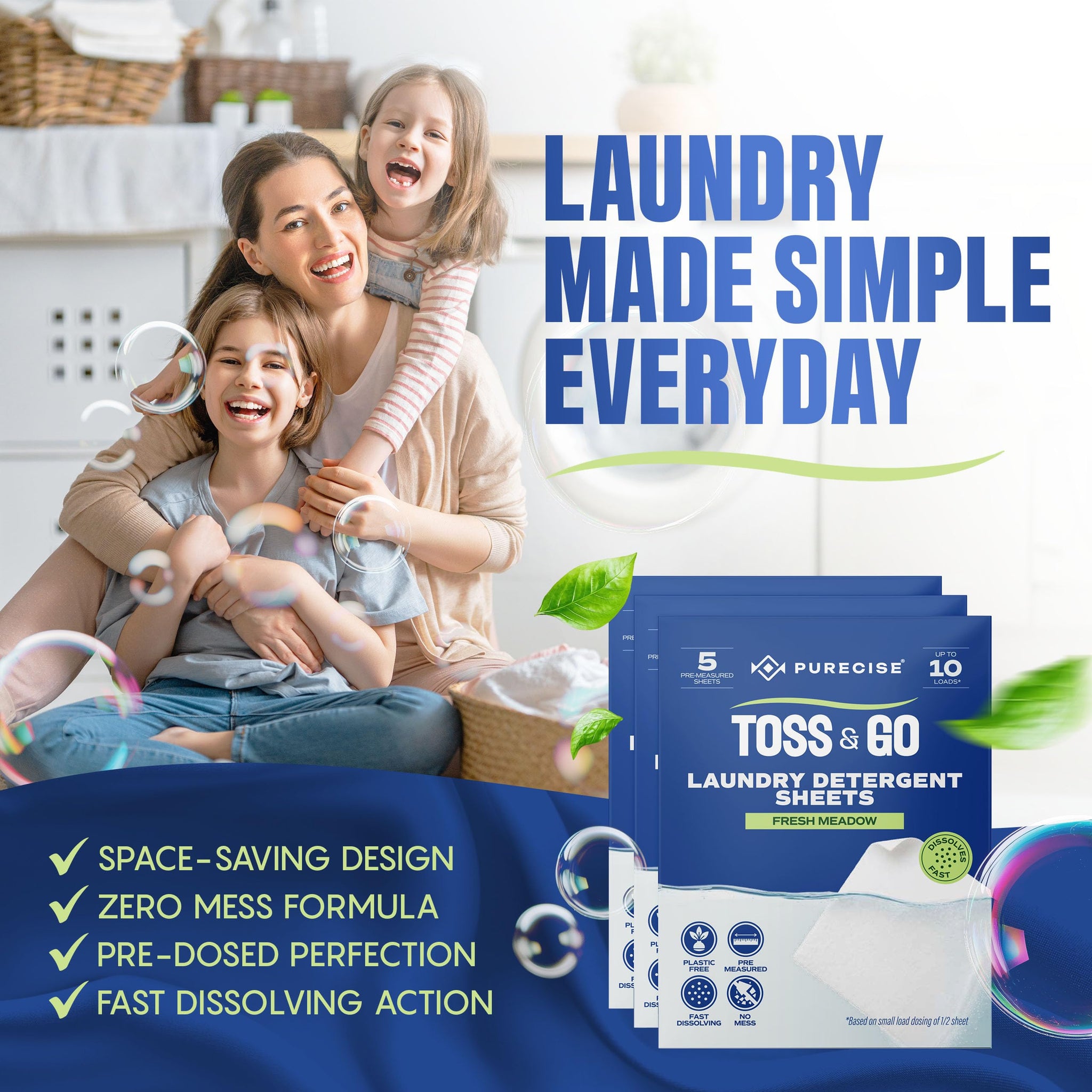 Purecise Toss & Go Laundry Detergent Sheets | 3-Pack Sampler, 30 Loads | Try Before You Commit | Fast-Dissolving, No Mess, Plastic-Free | Fresh Meadow