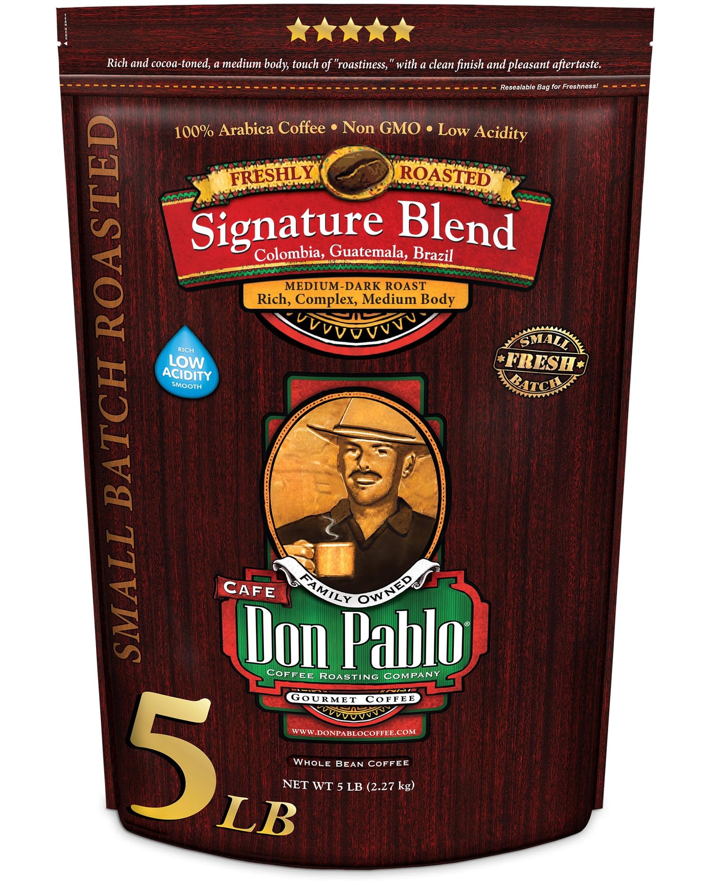 Don Pablo Gourmet Coffee - Signature Blend - Medium Dark Roast - Whole Bean Coffee - 100% Arabica Beans - Low Acidity and Non-GMO (80 Ounce, Original)