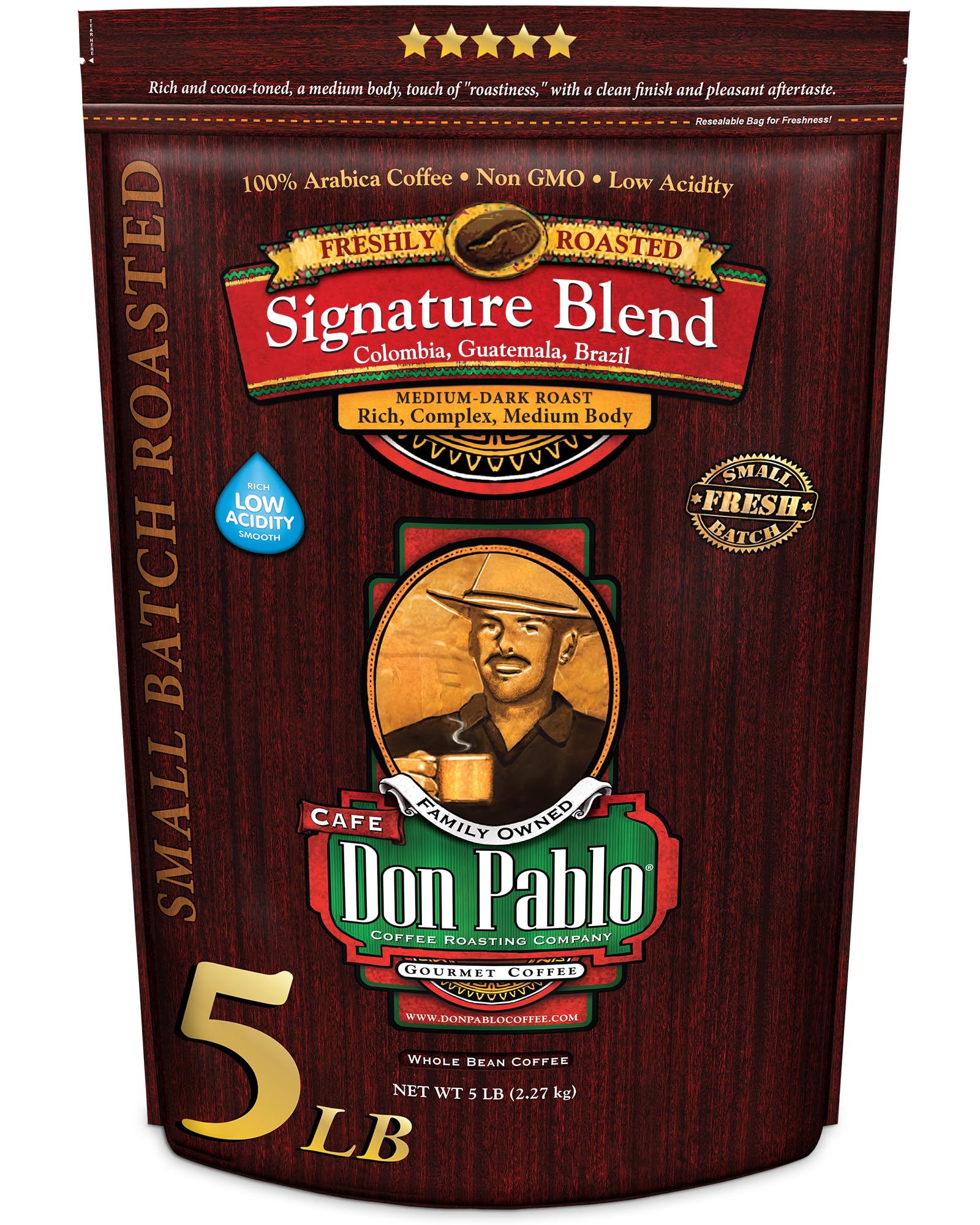 Don Pablo Gourmet Coffee - Signature Blend - Medium Dark Roast - Whole Bean Coffee - 100% Arabica Beans - Low Acidity and Non-GMO (80 Ounce, Original)