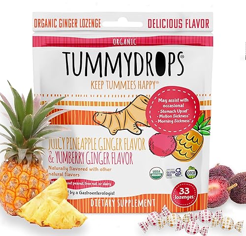 Tummydrops USDA Organic Ginger Variety Pack (Mix of Pineapple & yumberry). Gluten Free & Vegan. 33 Individually Wrapped Organic Ginger Lozenges.