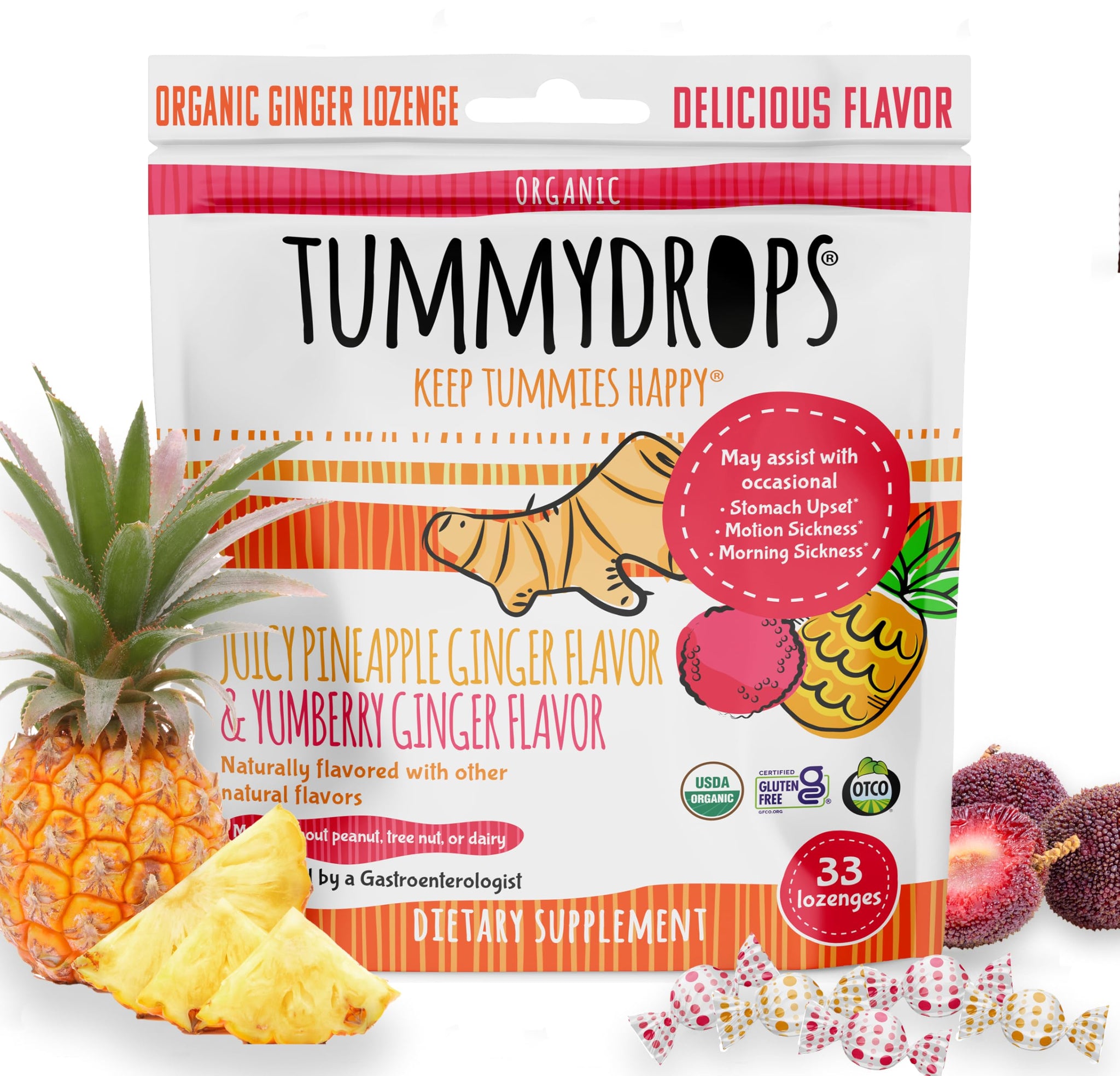 Tummydrops USDA Organic Ginger Variety Pack (Mix of Pineapple & yumberry). Gluten Free & Vegan. 33 Individually Wrapped Organic Ginger Lozenges.
