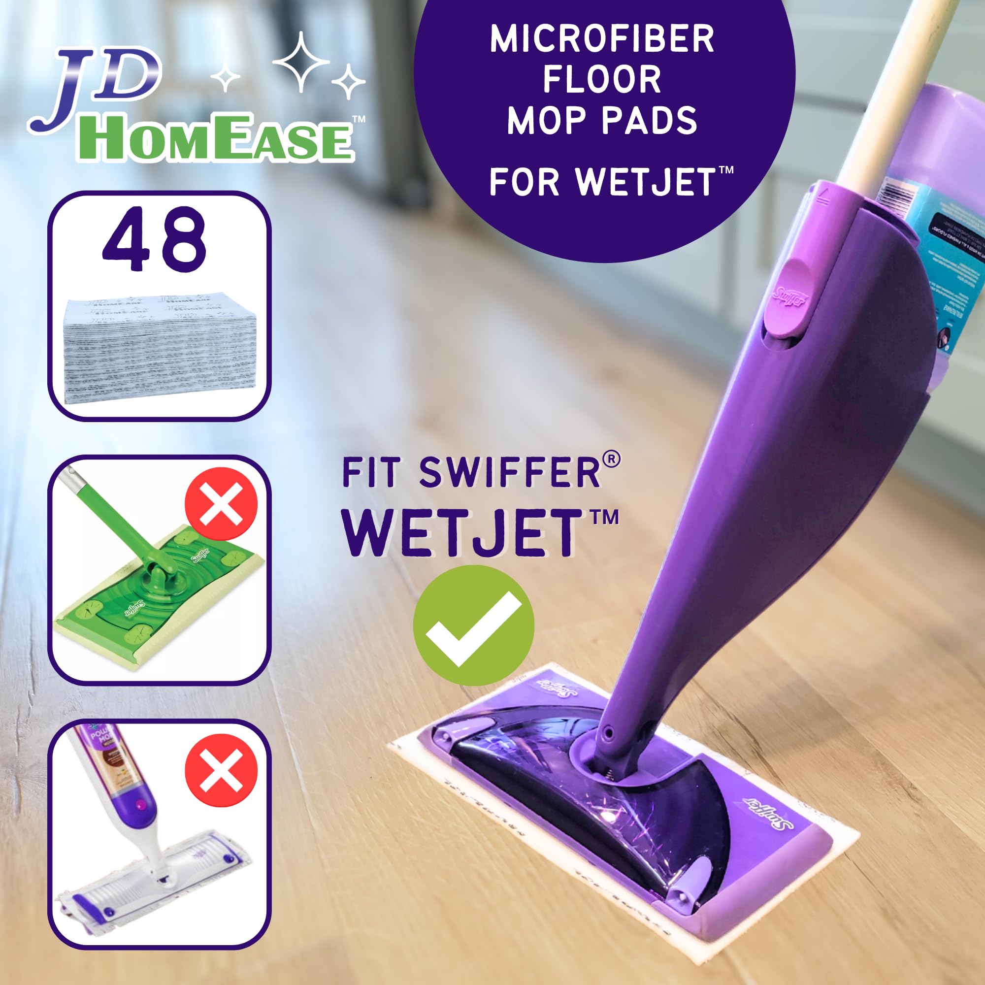 JD HOMEASE 48 Pack Premium Microfiber Replacement Pads for Swiffer WetJet - Super Absorbent, Lint-Free, Durable-11"x5.5", Perfect Fit Swiffer WetJet