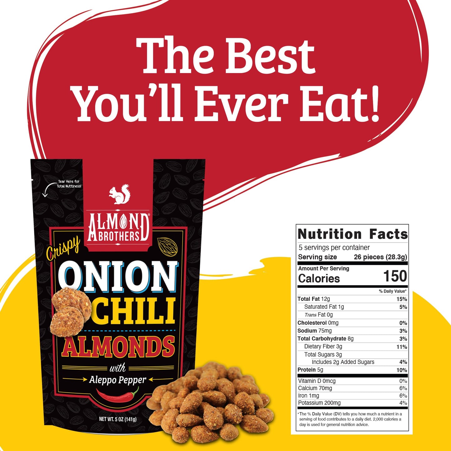 Almond Brothers Roasted Almonds - Crispy Onion n' Chili with Aleppo Pepper - Pack of 3, 5 oz - Hand Crafted, Gluten-Free, Non-GMO