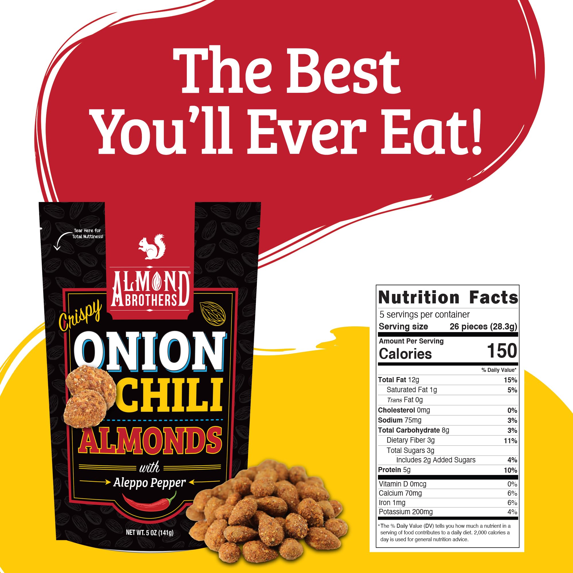 Almond Brothers Roasted Almonds - Crispy Onion n' Chili with Aleppo Pepper - Pack of 3, 5 oz - Hand Crafted, Gluten-Free, Non-GMO