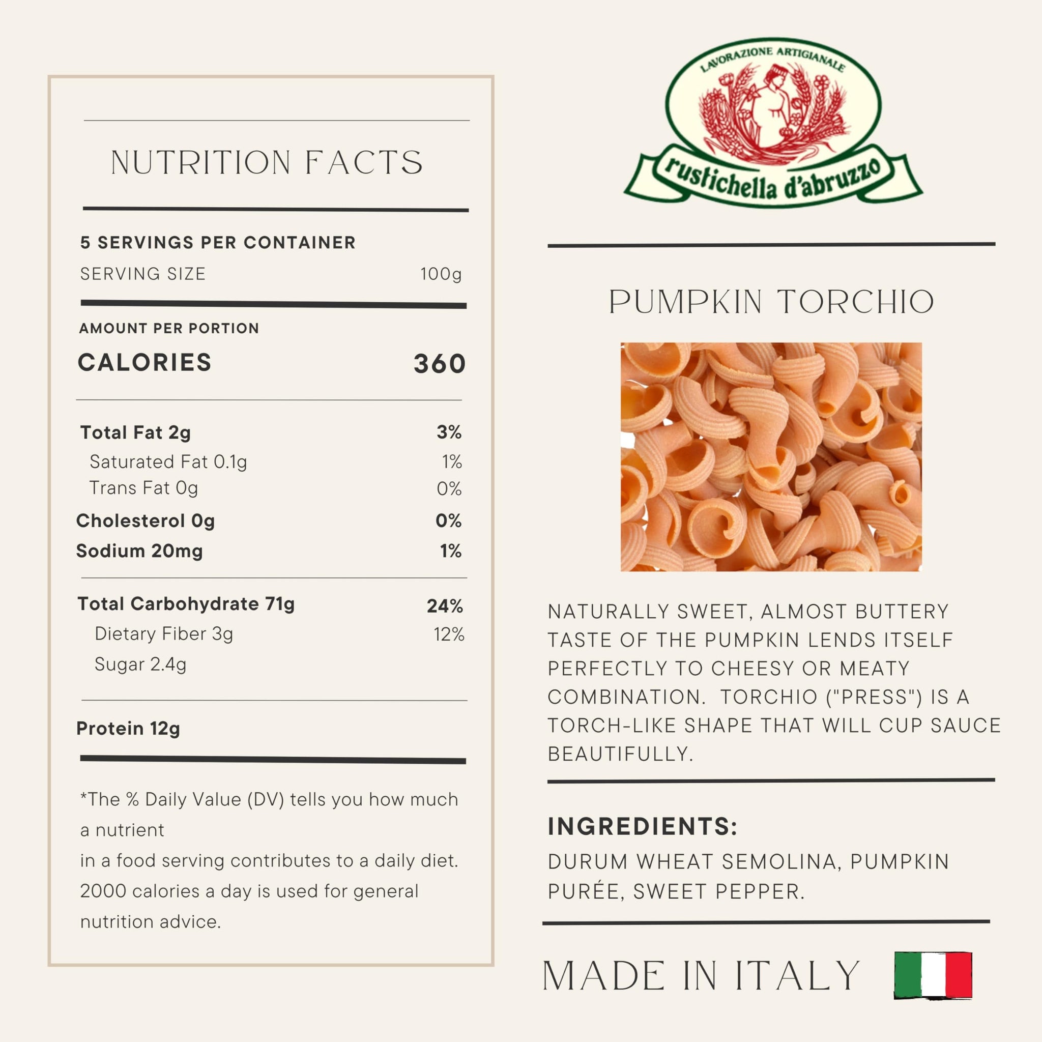 Rustichella D' Abruzzo Zucca Di Fior Pumpkin Torchio Pasta 500 Grams (1.1 Lb)