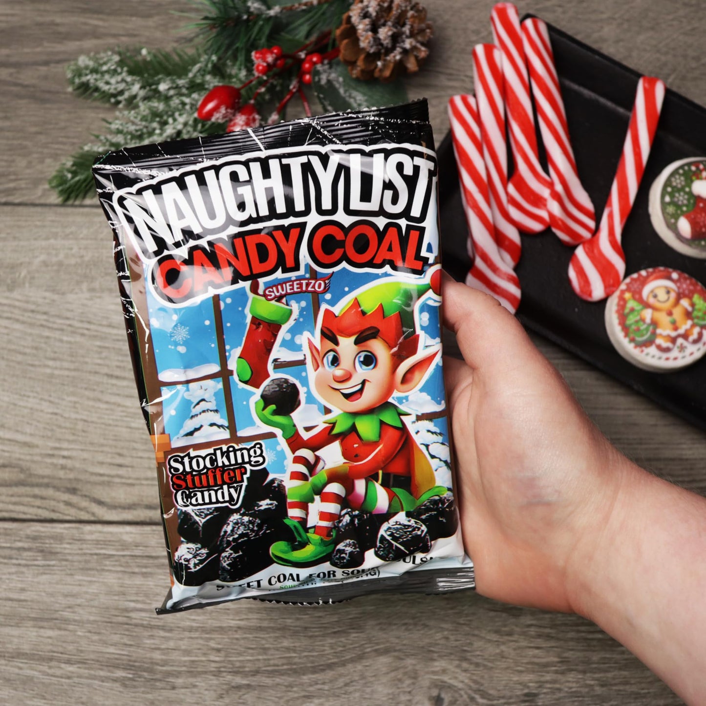 Naughty List Coal Christmas Candy, Funny Gag Gift Gummies, Sour Strawberry Flavored, Stocking Stuffer Treats, 4 Ounces