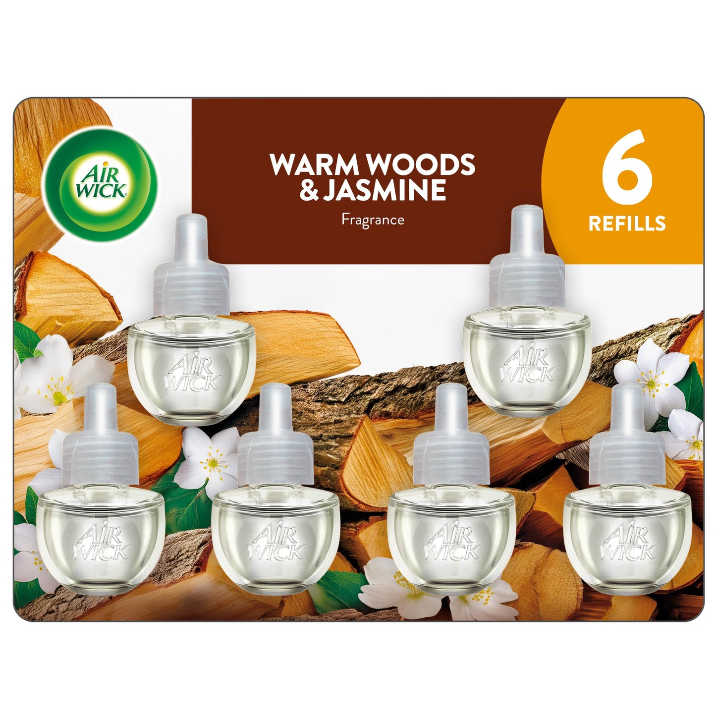 Air Wick Plug-In Scented Oil Refills, 6 Count, Warm Woods and Jasmine, Air Freshener, Essential Oils