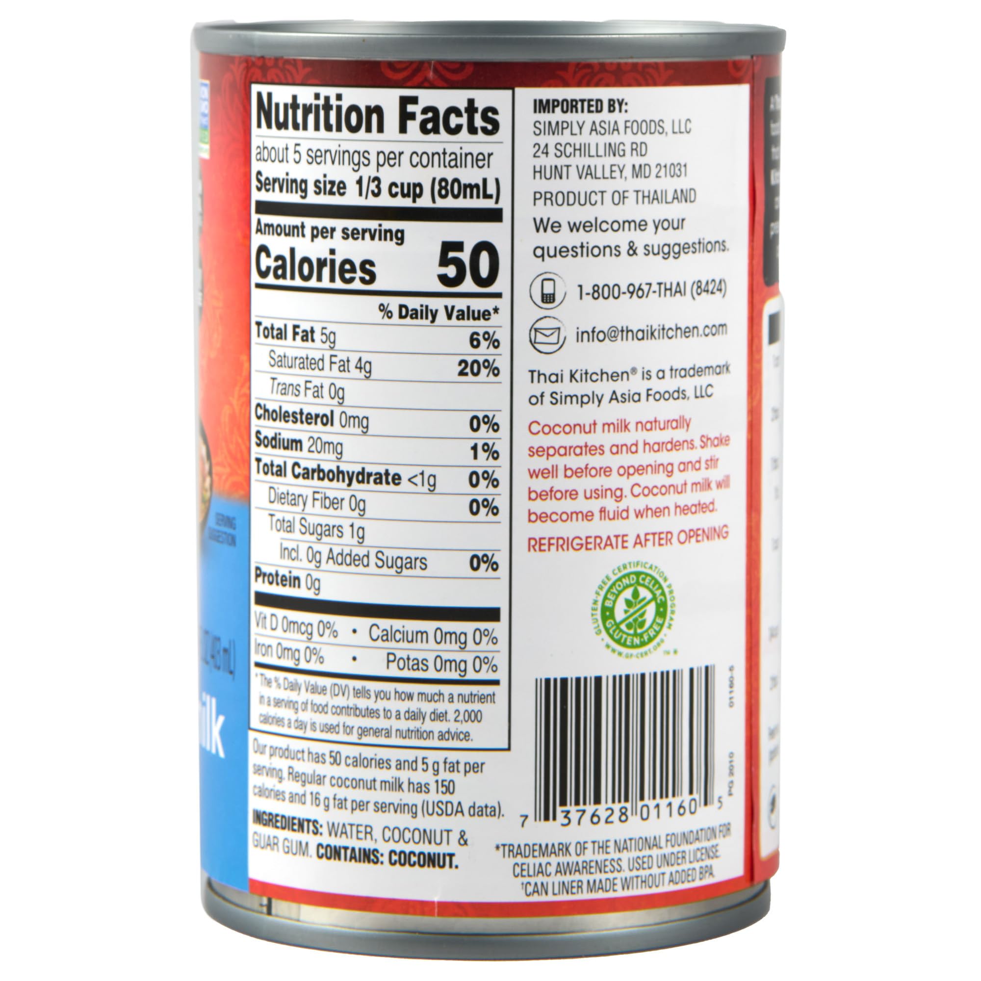 Thai Kitchen Coconut Milk, Lite, Unsweetened, Gluten Free, Dairy Free, Non-GMO, 13.66 fl oz