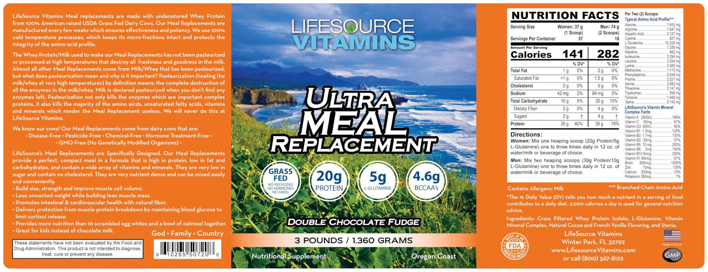 LifeSource Vitamins 3 lb US Dairy Cows Grass Fed Meal Replacement - Double Chocolate Fudge w/Stevia - Free Priority Shipping