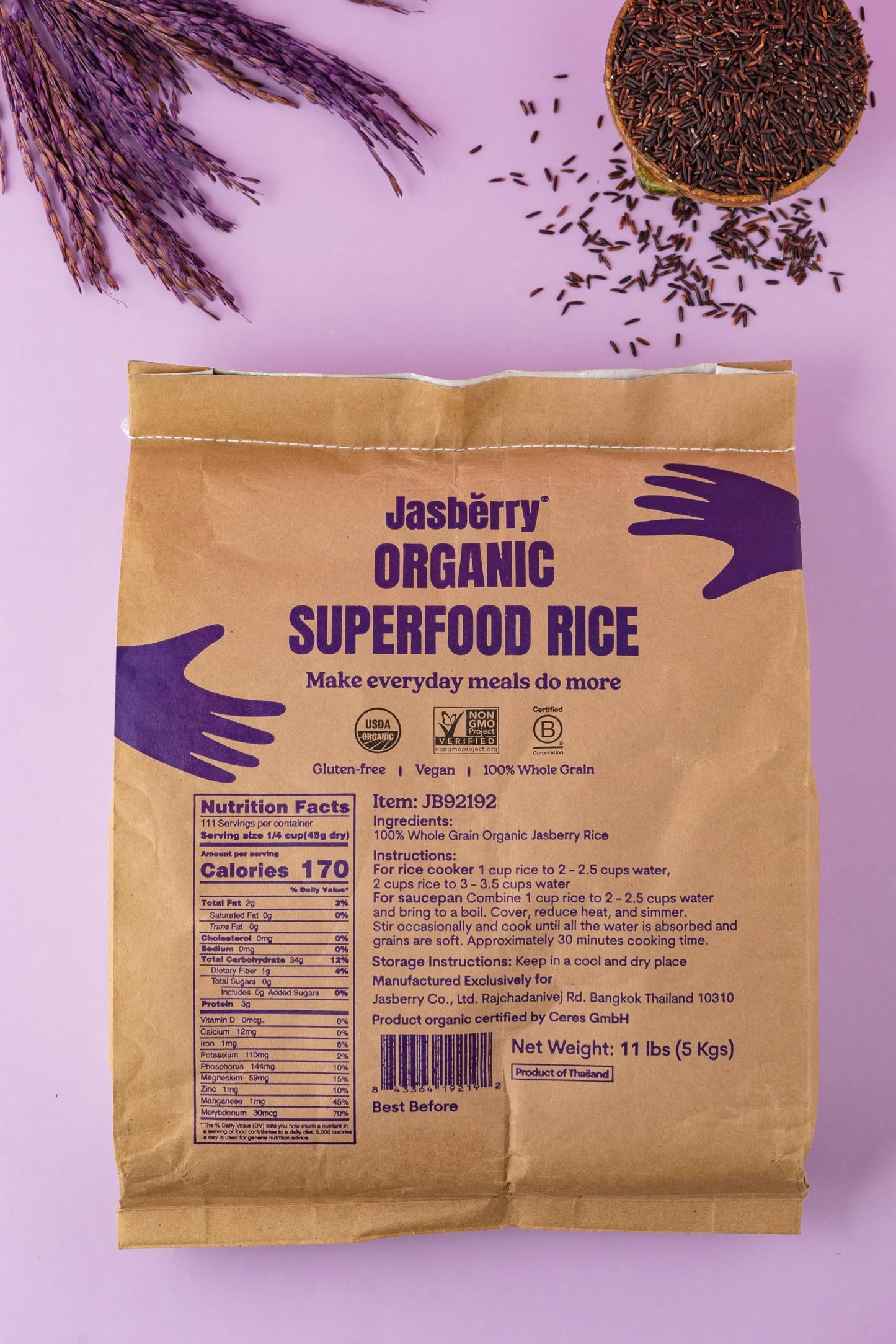 Jasberry - Organic Superfood Rice, Soft & Aromatic Whole Grain Purple Rice, High in Antioxidants, Non-GMO, Gluten-free, Easy to cook, Versatile USDA Certified Organic, Vegan, Sustainable, Regenerative Farming, Small-scale farmers (11 Pound Bag)