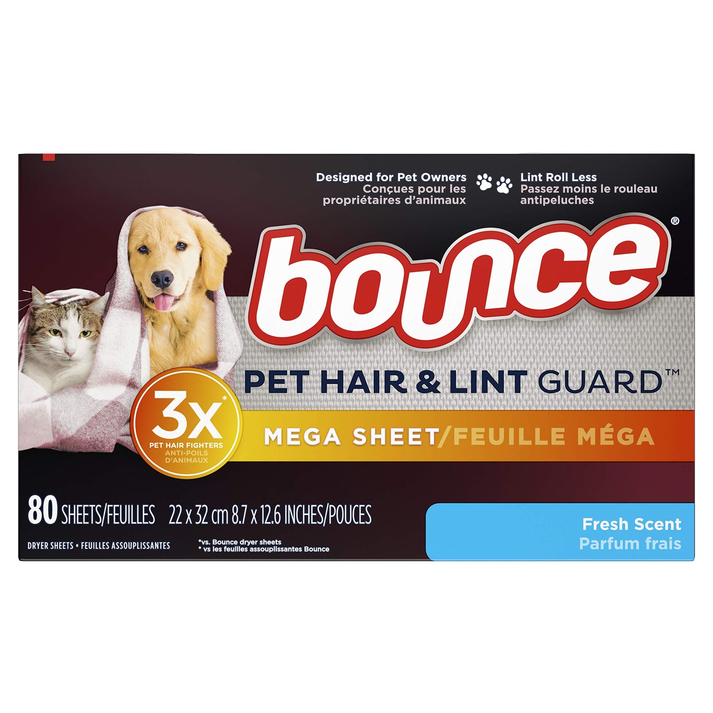Bounce Pet Hair and Lint Guard Mega Dryer Sheets, Fresh Scent, 80 ct