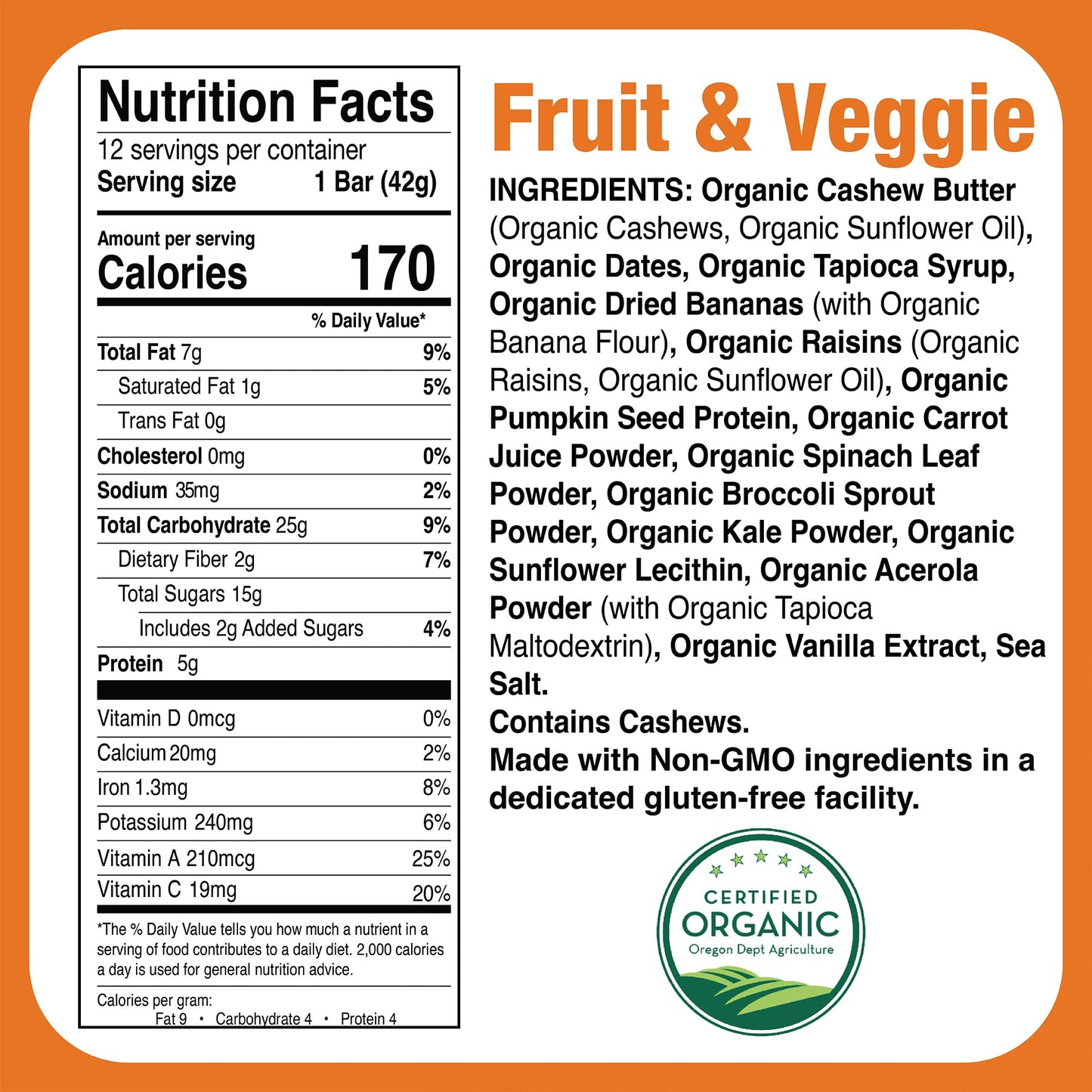 Just Great Stuff Organic Protein Bars, Superfood Fruit and Vegetable Bars, Gluten Free, Vegan, Non GMO, Snacks for Adults & Kids, Individually