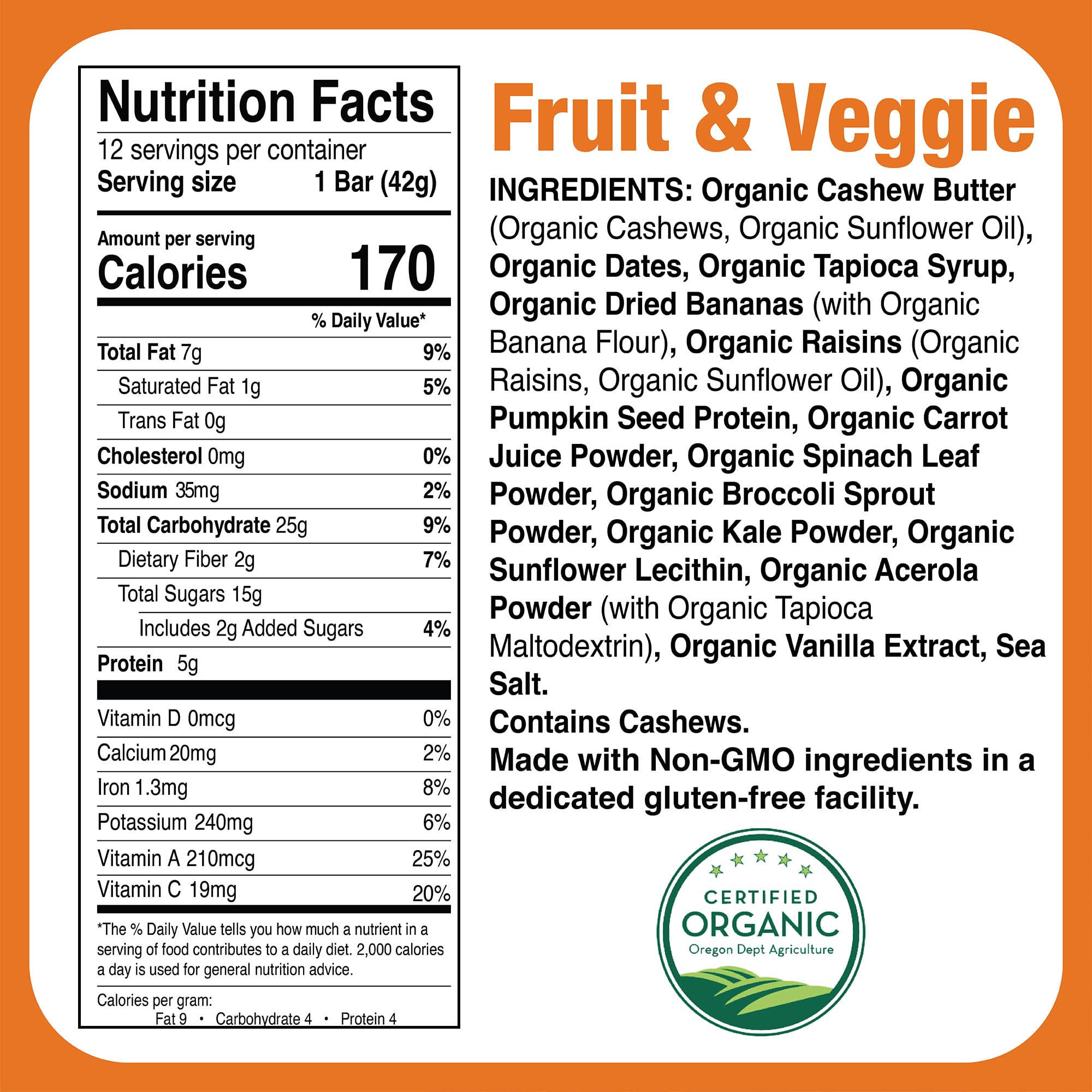 Just Great Stuff Organic Protein Bars, Superfood Fruit and Vegetable Bars, Gluten Free, Vegan, Non GMO, Snacks for Adults & Kids, Individually