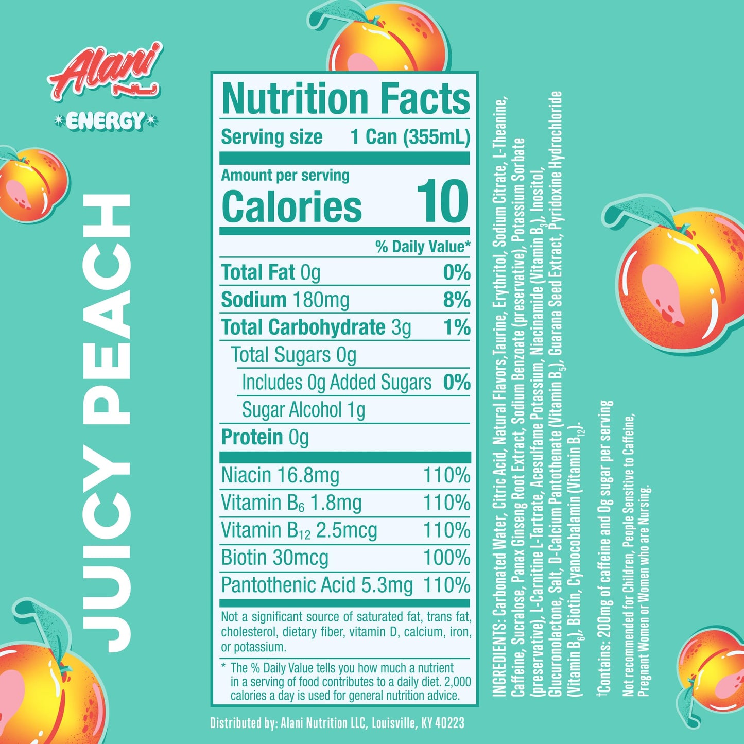 Alani Nu JUICY PEACH, Sugar Free, Low Calorie Energy Drinks, 200mg Caffeine, Biotin, B Vitamins, Zero Sugar, 10 Calories, 12 Fl Oz Cans, 12 Pack