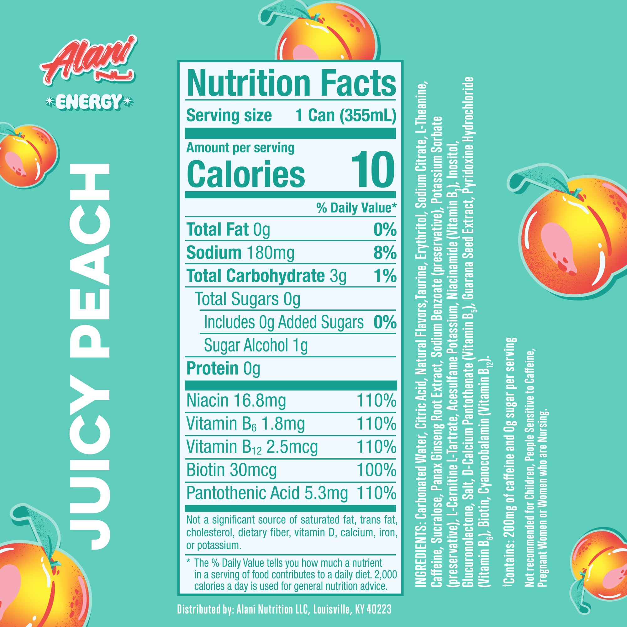 Alani Nu JUICY PEACH, Sugar Free, Low Calorie Energy Drinks, 200mg Caffeine, Biotin, B Vitamins, Zero Sugar, 10 Calories, 12 Fl Oz Cans, 12 Pack