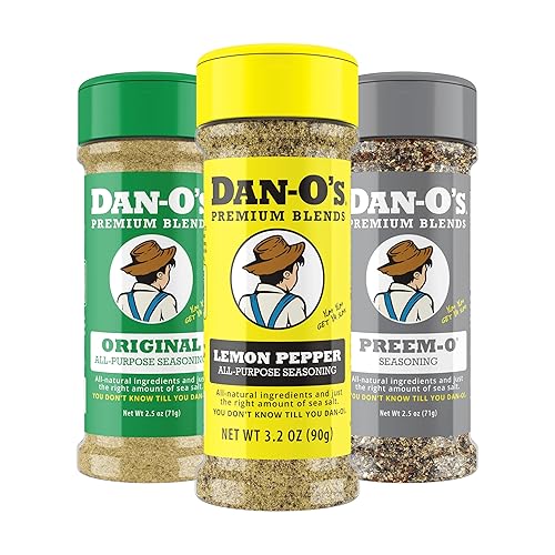 Dan-O’s Seasoning Variety Pack - 3 Bottle Set (Extra-Small) - Lemon Pepper, Original & Preem-O - All Purpose Spice Blends for Chicken, Seafood, Steak