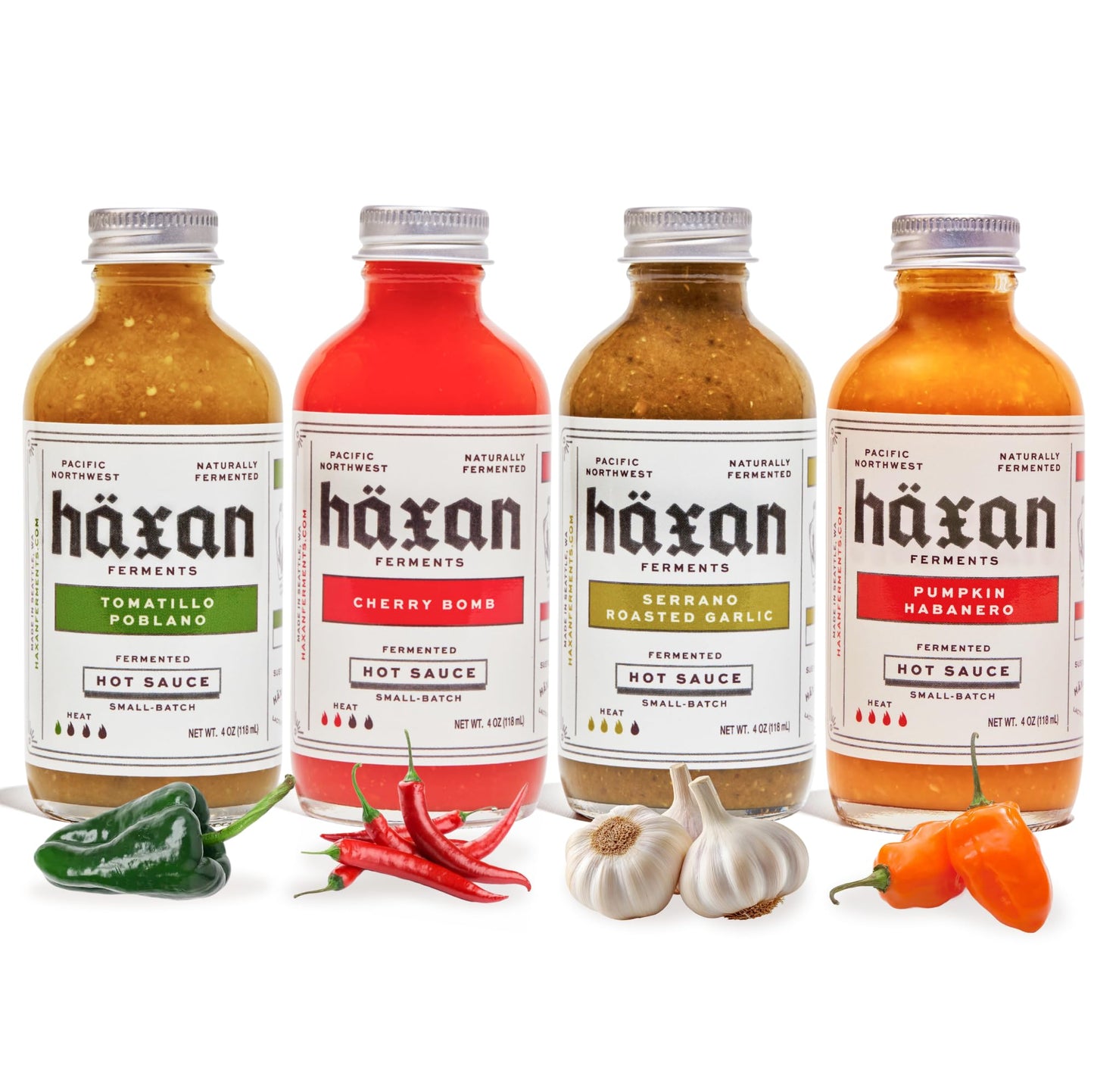 Haxan Ferments Hot Sauce Variety Pack - 4 Pack Gift Set (4 oz Each) - Tomatillo Poblano, Cherry Bomb, Serrano Roasted Garlic & Pumpkin Habanero
