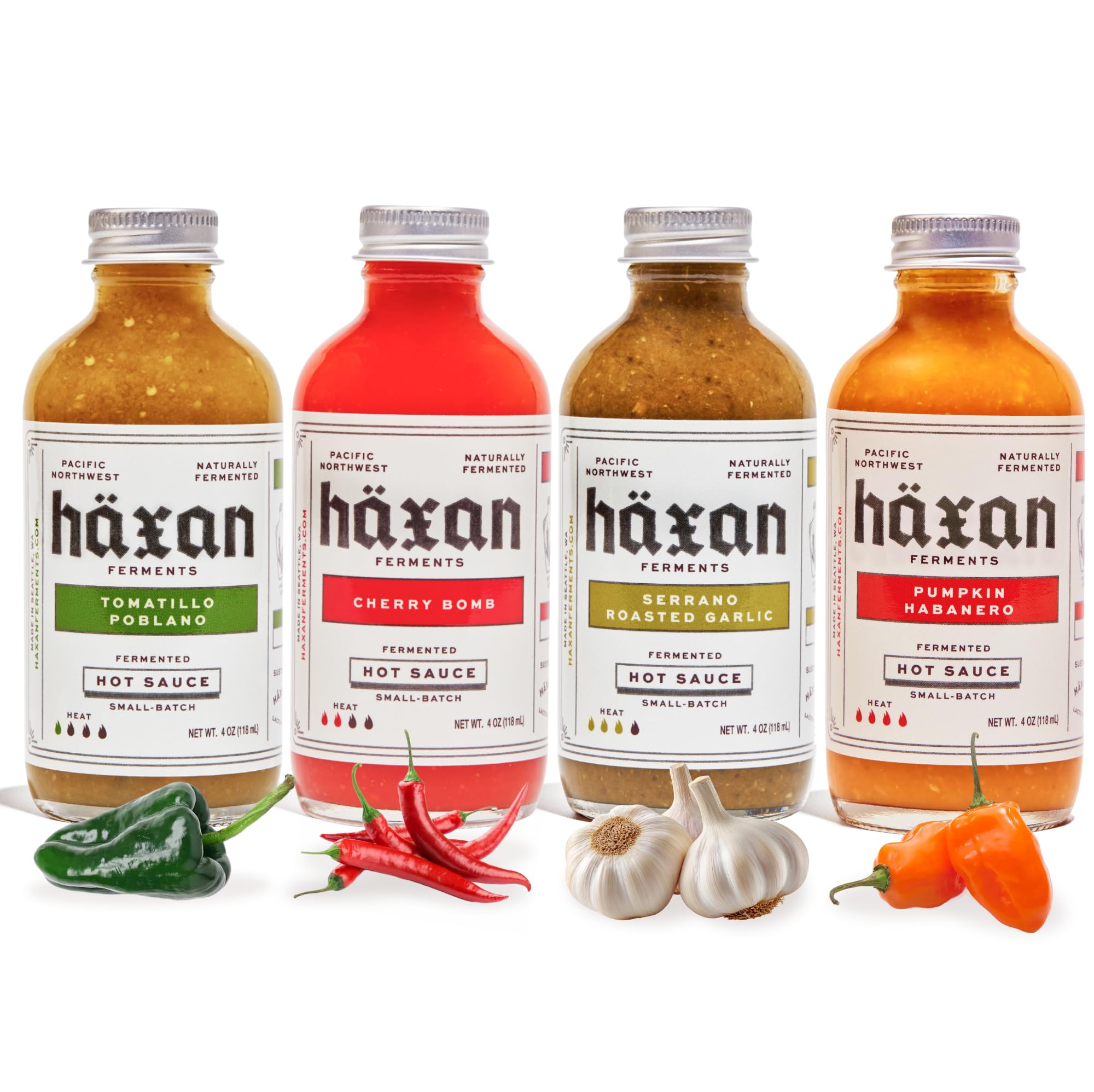 Haxan Ferments Hot Sauce Variety Pack - 4 Pack Gift Set (4 oz Each) - Tomatillo Poblano, Cherry Bomb, Serrano Roasted Garlic & Pumpkin Habanero