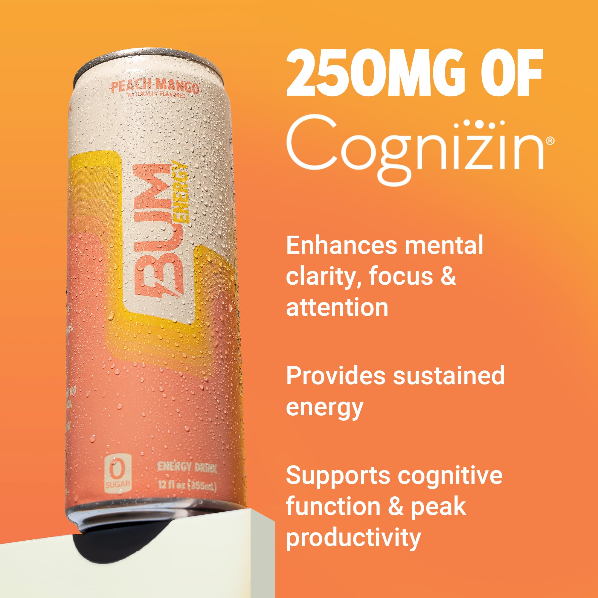 BUM Sugar-Free Energy Drink, Peach Mango - Lightly Carbonated & No Artificial Colors, Natural Caffeine & Citicoline for Energy & Focus, Brain Boost
