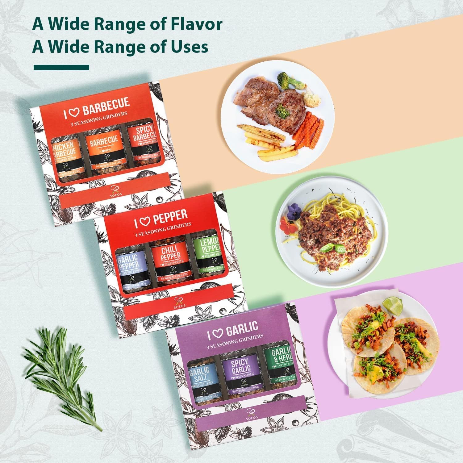 Soeos Spice Seasoning Set of 9, 16.28oz(461g), With Integrated Grinders, Salt and Pepper Grinder Set, Pure and Fresh Perfect for BBQ Seasoning Gift