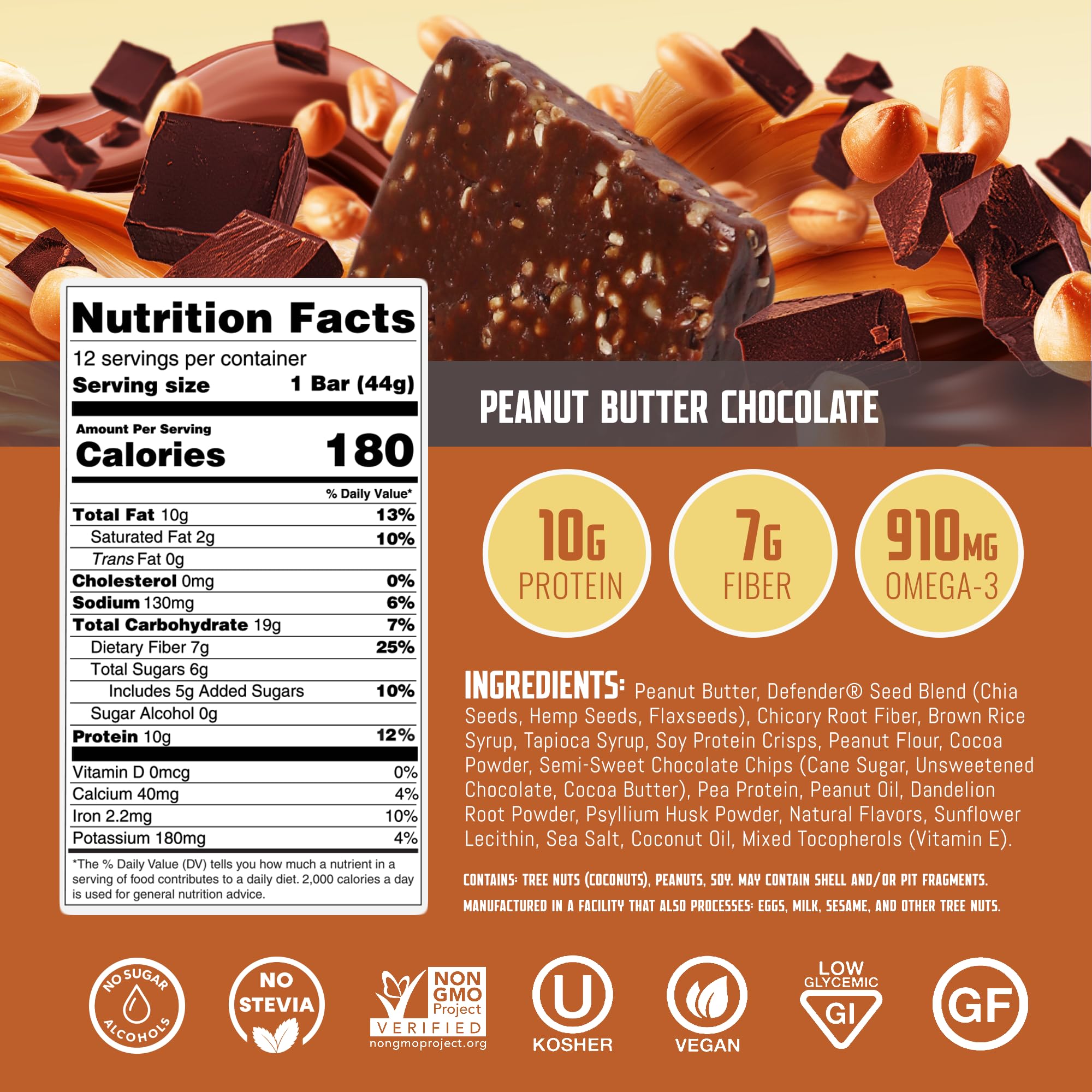 Defender Vegan Protein Bar, Peanut Butter Chocolate, Plant Based Snack or Breakfast Bars, Psyllium Husk, Dandelion Root, High Fiber, Non GMO, Kosher