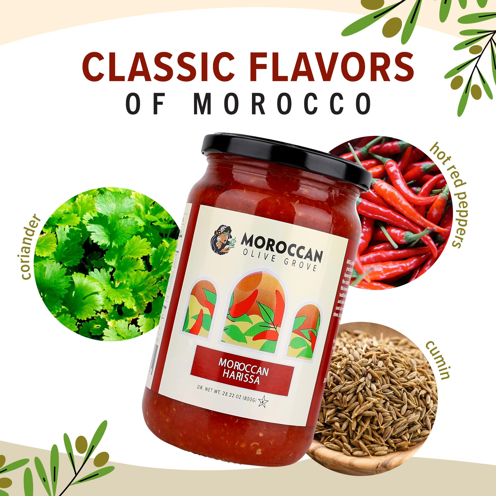 MOROCCAN OLIVE GROVE, Moroccan Harissa, (2 Pack) 28.22oz (800g), Gourmet Moroccan Hot Sauce, Spicy, Tangy Chili Paste