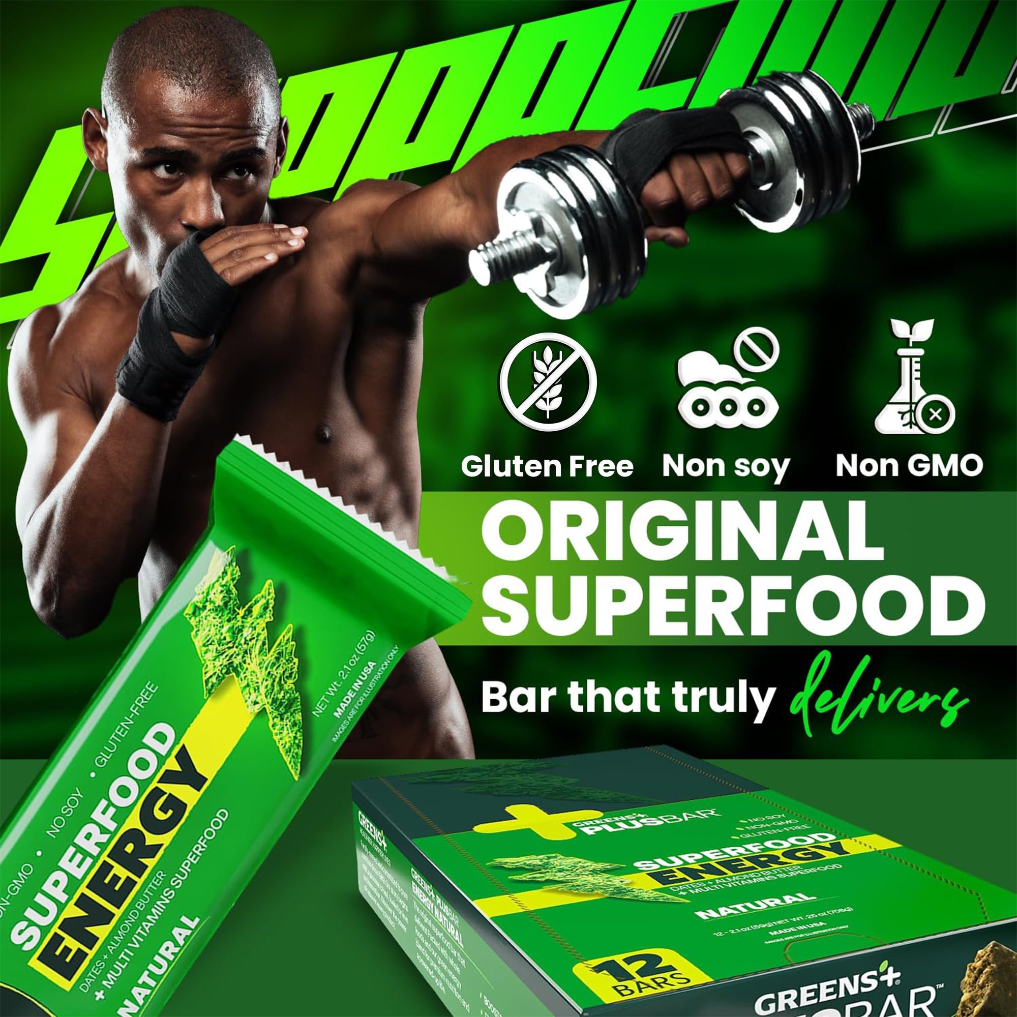 Greens+ Plusbar Energy, Natural, Gluten-Free Snack with Super Greens, Superfoods & Almond Butter, Vegan, Dairy-Free, Non-GMO, 10g Protein Meal