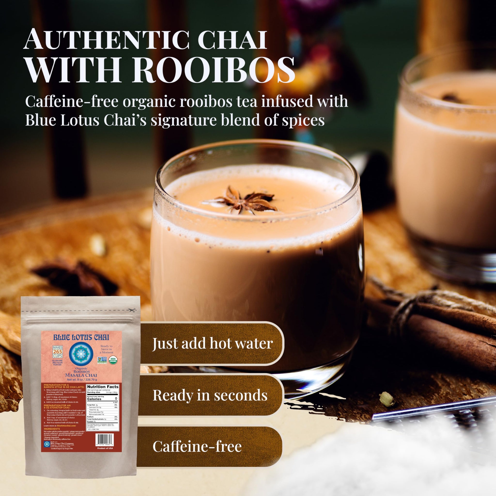 Blue Lotus Chai - Organic Rooibos Masala Chai - Makes 265 Cups - Caffeine-Free, No Steeping, No Gluten - 8 Ounce Masala Chai Powder with Organic