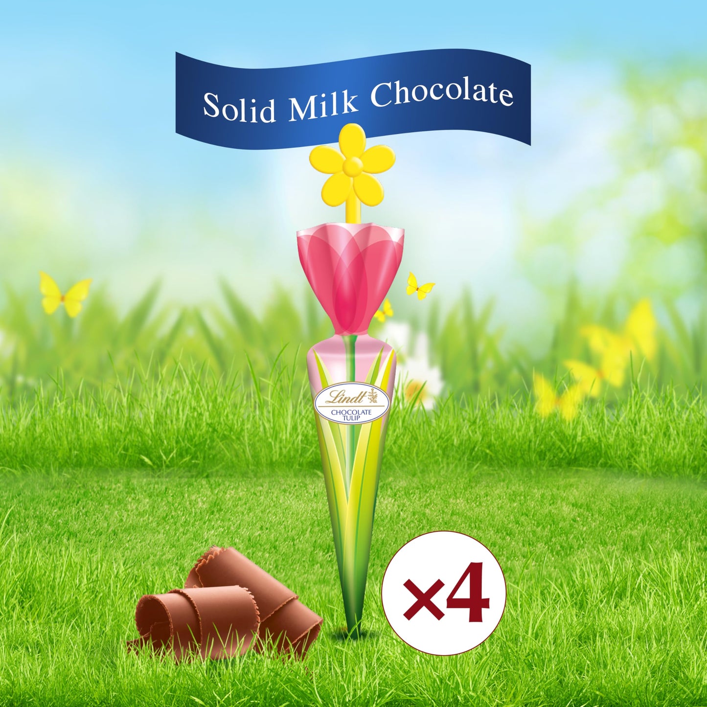 Lindt Chocolate Tulips, Tulip-Shaped Solid Milk Chocolate Easter Candy on a Stick, 4 Pack