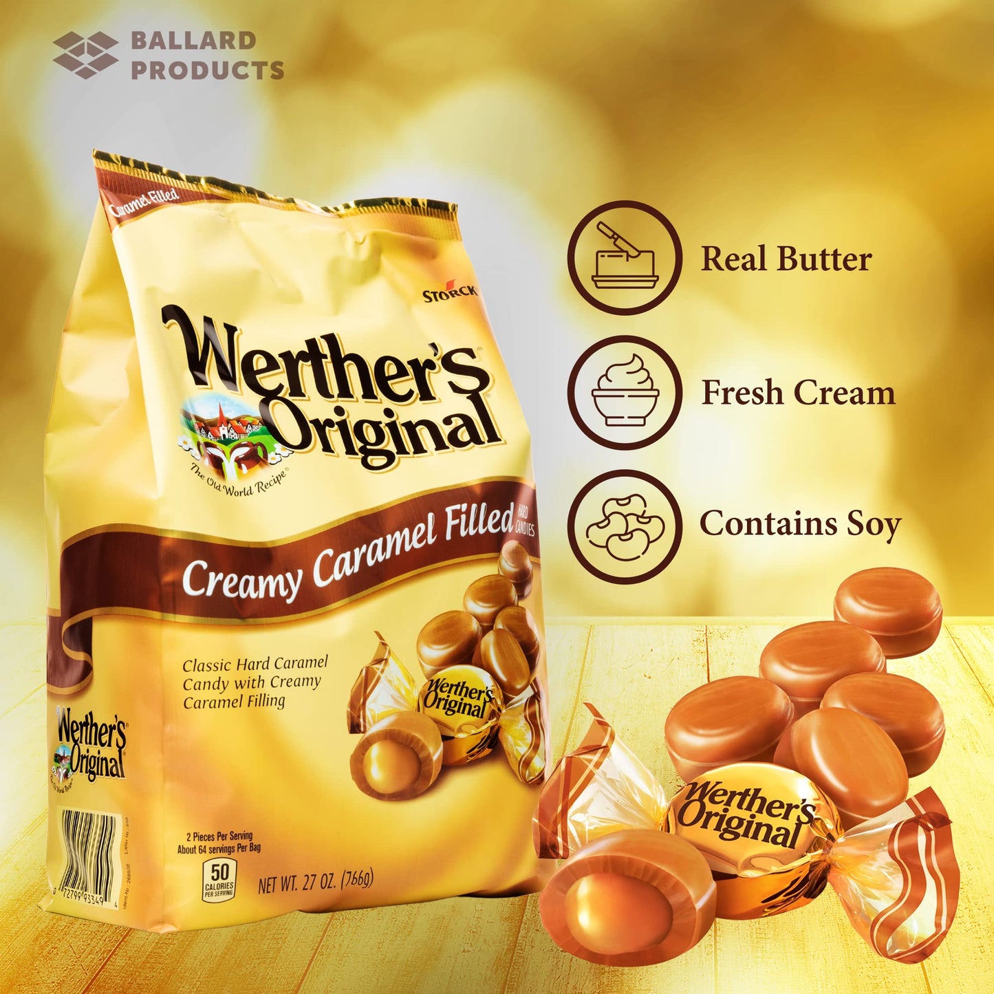 Werther's Original Creamy Caramel Filled Pack of 2 - Bulk Bags of Hard Candy Individually Wrapped (27 oz) Each - Werthers Caramel Filled Candy