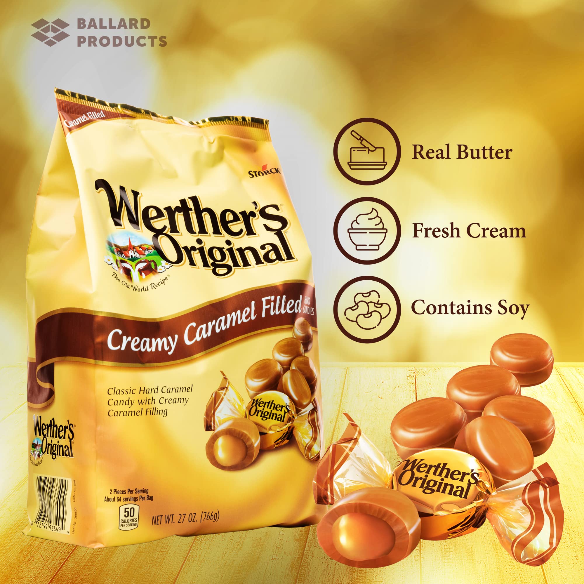 Werther's Original Creamy Caramel Filled Pack of 2 - Bulk Bags of Hard Candy Individually Wrapped (27 oz) Each - Werthers Caramel Filled Candy