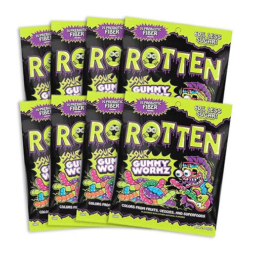 Rotten Sour Gummy Worms - Low Sugar, Low Calorie, 7g Gut-Friendly Prebiotic Fiber and 3g Protein, Gluten Free Candy - 1.8 oz - 8-Pack