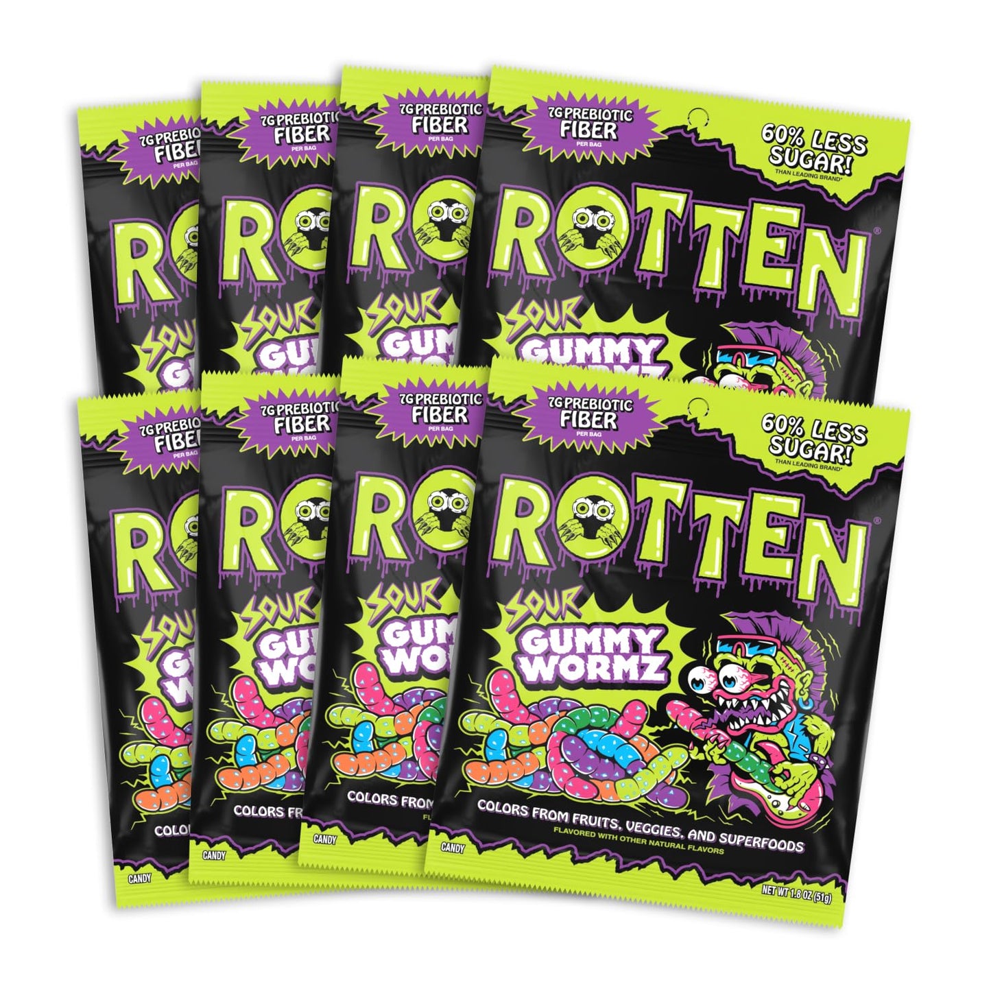 Rotten Sour Gummy Worms - Low Sugar, Low Calorie, 7g Gut-Friendly Prebiotic Fiber and 3g Protein, Gluten Free Candy - 1.8 oz - 8-Pack