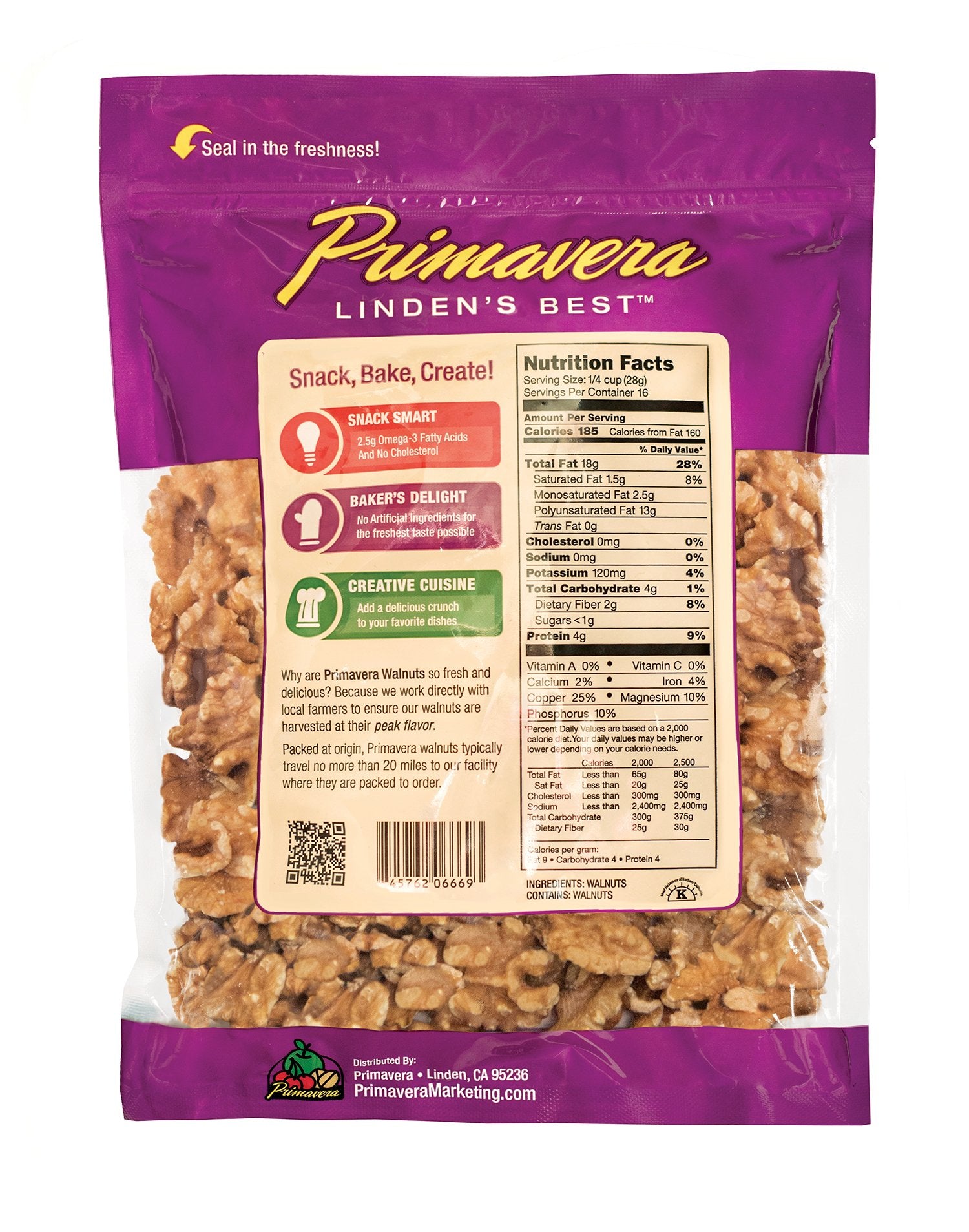 Primavera Walnuts Halves and Pieces 1lb - Raw Unsalted Walnuts 100% California Grown
