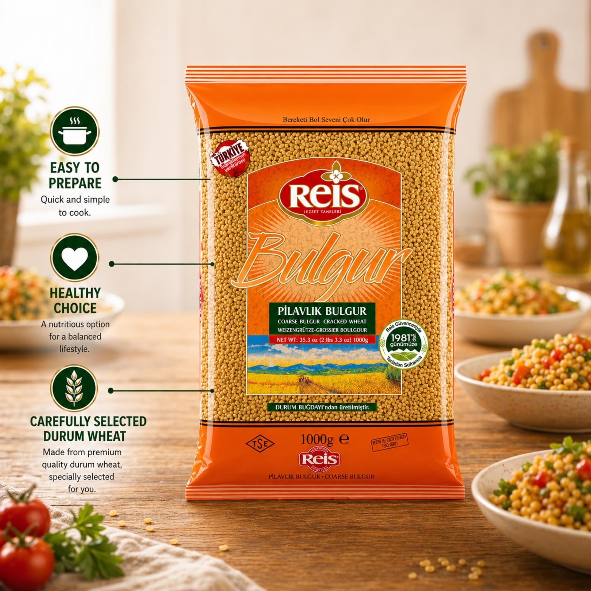 Reis Coarse Bulgur, Wheat Berries, Bulgur Wheat for Pilafs, Meals & Soups, Healthy Pantry Staples, Turkish Grocery Foods, High Fiber & Protein Cereal, Whole Grain Bag, Vegan, Halal, 2.2 Lbs (1000g)