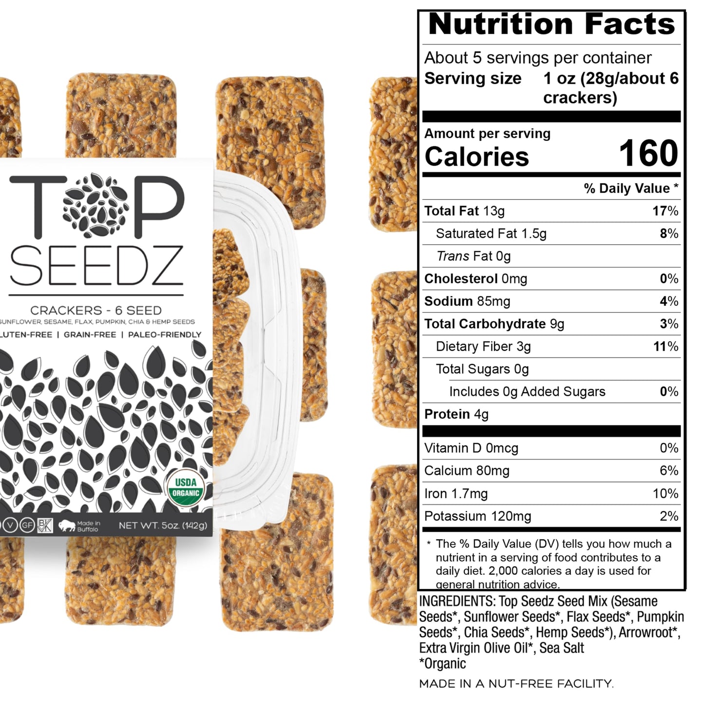 Top Seedz Certified Organic Gluten Free 6 Seed Crackers | 2-Pack | 5 Ounces | Healthy Vegan Crackers with Plant Based Protein | Made of Sunflower
