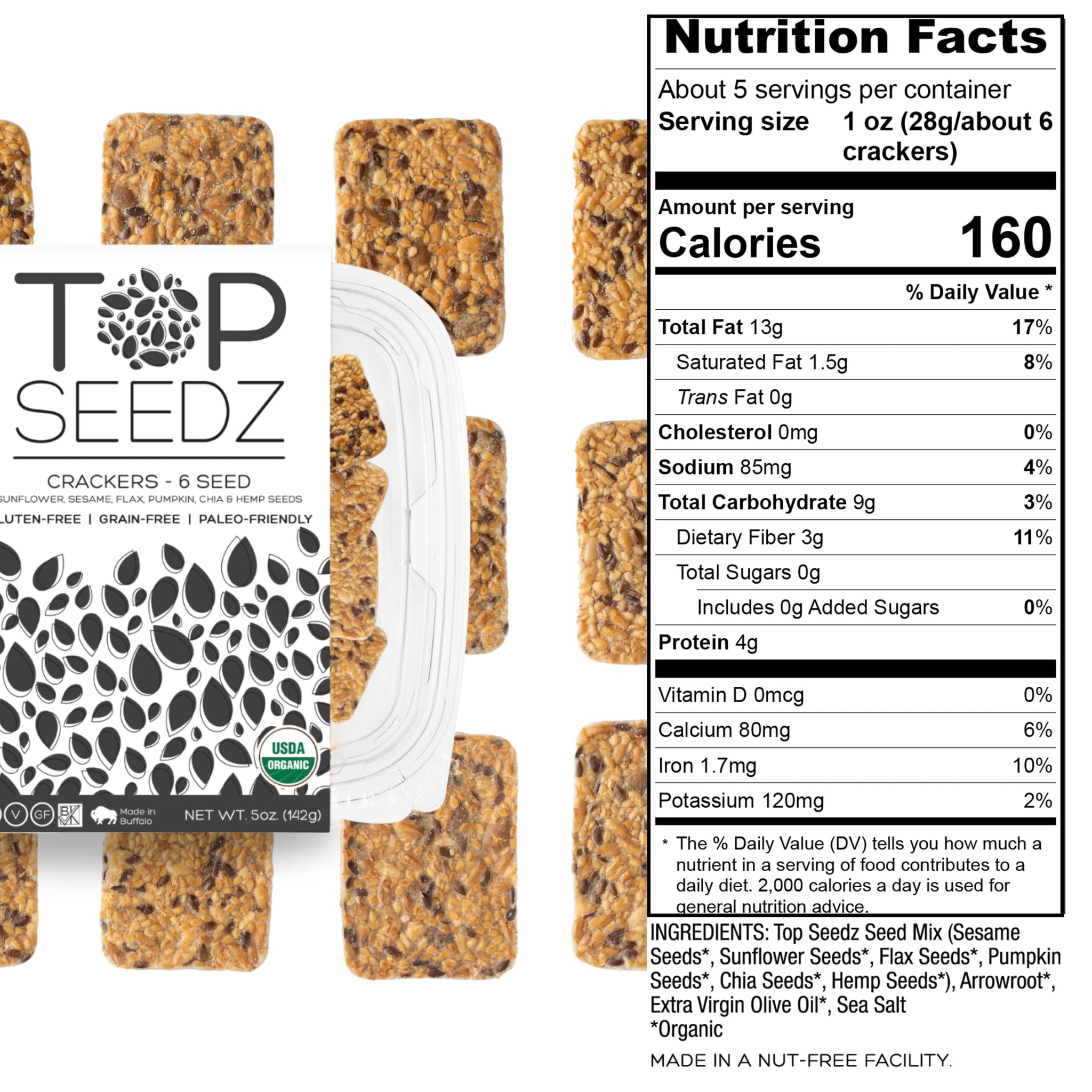 Top Seedz Certified Organic Gluten Free 6 Seed Crackers | 2-Pack | 5 Ounces | Healthy Vegan Crackers with Plant Based Protein | Made of Sunflower