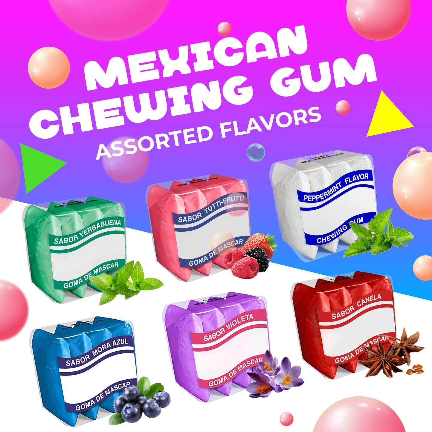 Mexican Chewing Gum | 1 Pound Bag - 90 Count | Assorted Flavors Gum in Violet, Fruit, Mint & Cinnamon | Individually Wrapped Gum Bulk | Fun Mini Packs