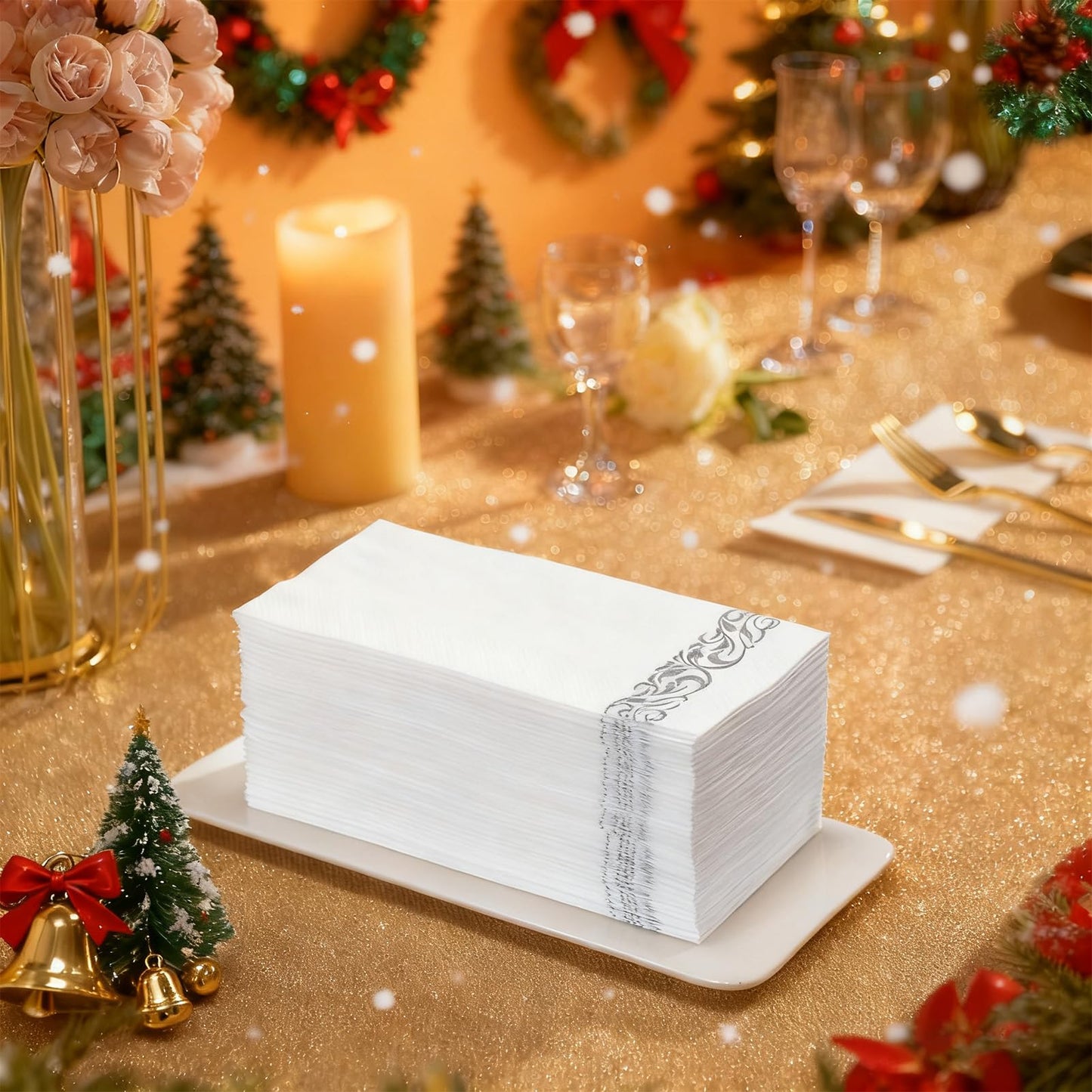 200 Pack Guest Towels Disposable Bathroom, Soft and Linen Feel Disposable Hand Towels, Decorative Bathroom Napkins for Party,Dinners, Wedding, Silver