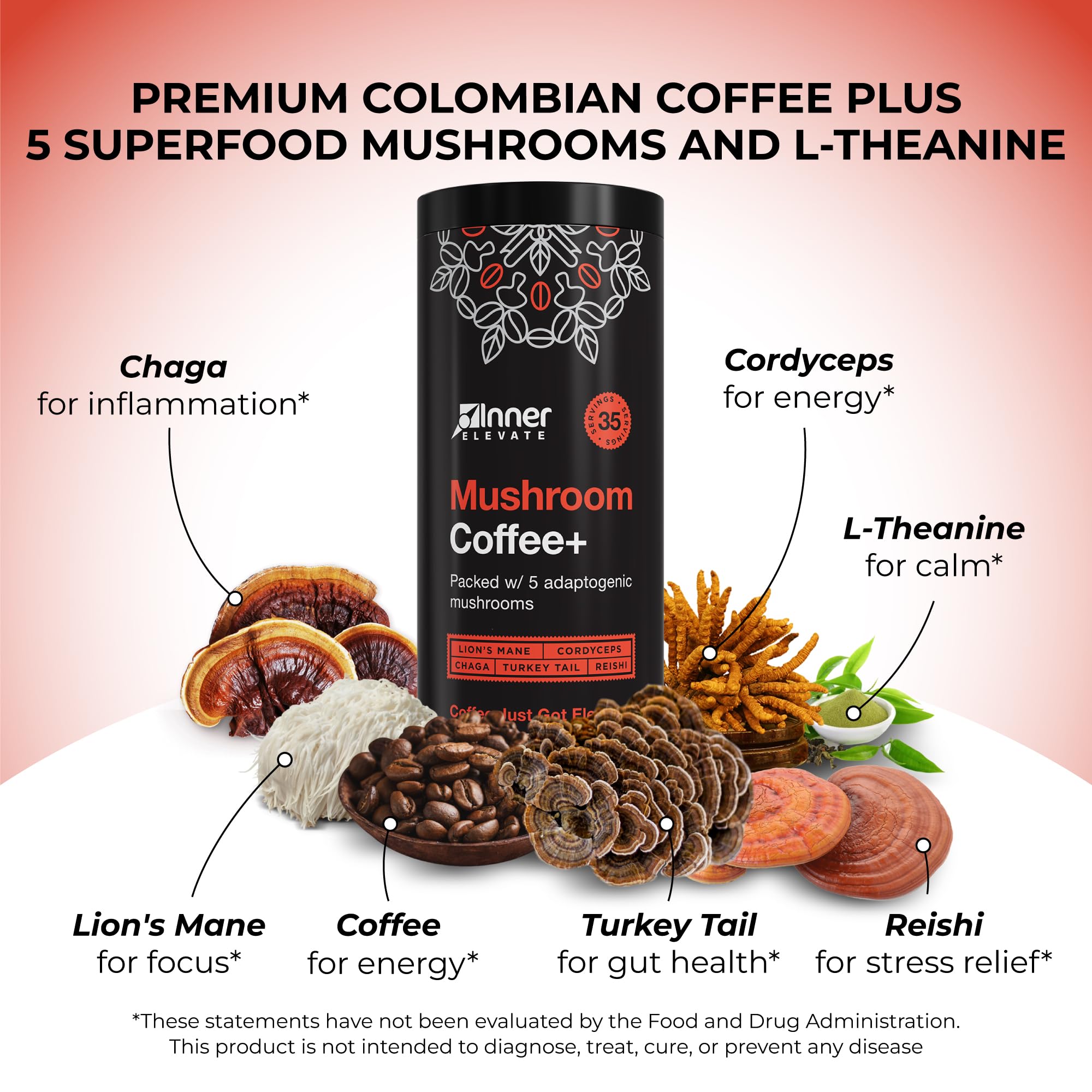 Inner Elevate Mushroom Coffee Superfood with 5 Adaptogenic Mushrooms - Upgraded Coffee Alternative with Half Caffeine - Arabica with Lion's Mane