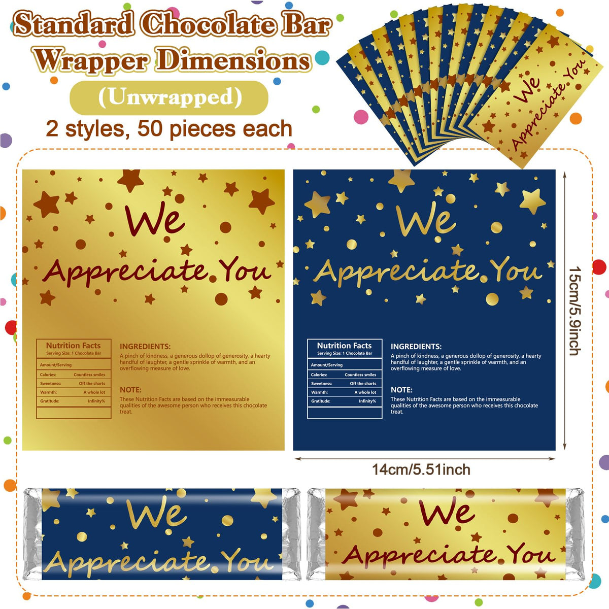 Moinchore 100 Pcs Candy Bar Wrappers We Appreciate You Theme,Star