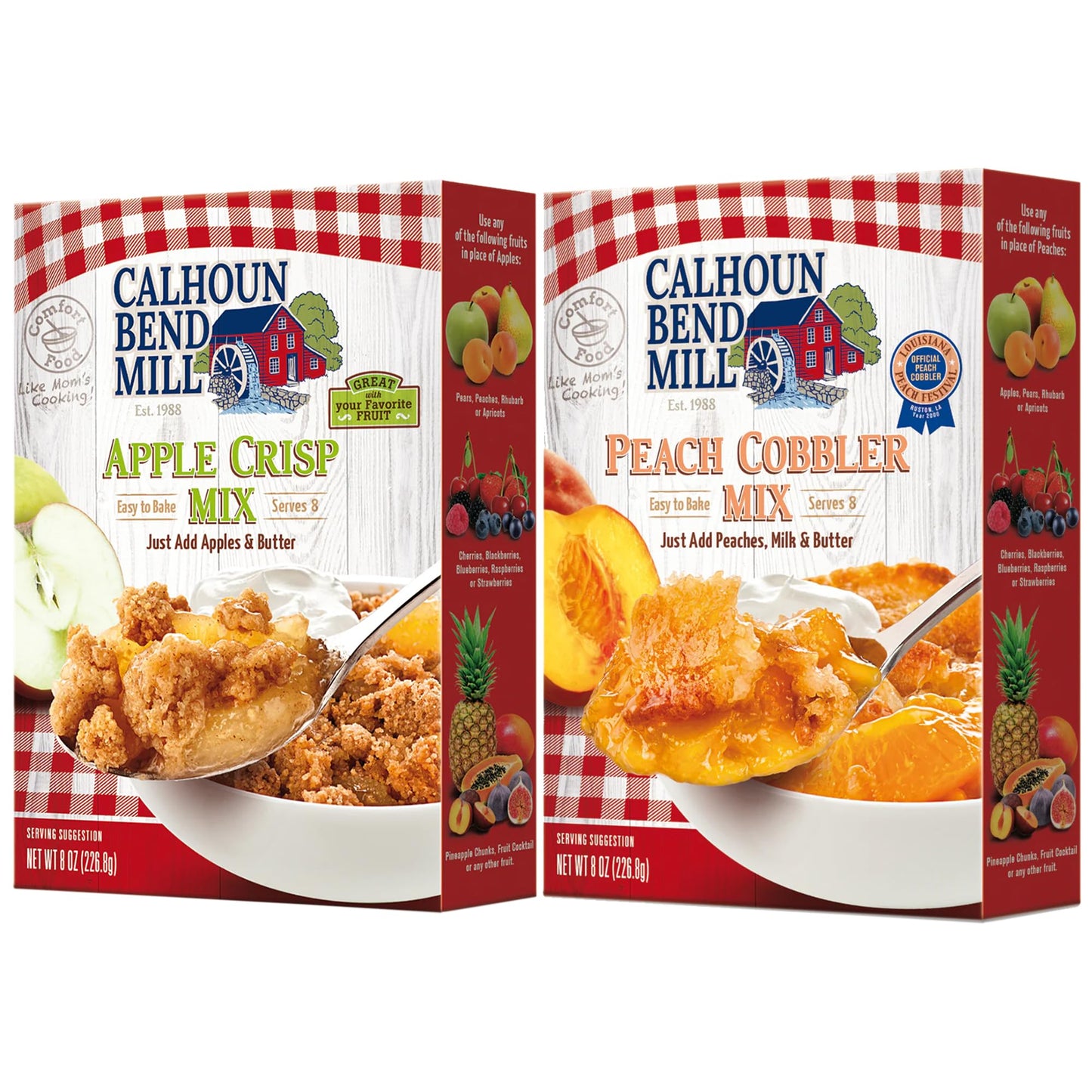 Calhoun Bend Mill Variety Bundle Mixes, Easy to Make Homemade Dessert for Apples, Peaches, Berries, Ideal for Gourmet Baking & Delights, Apple Crisp Mix 8 oz + Peach Cobbler 8 oz